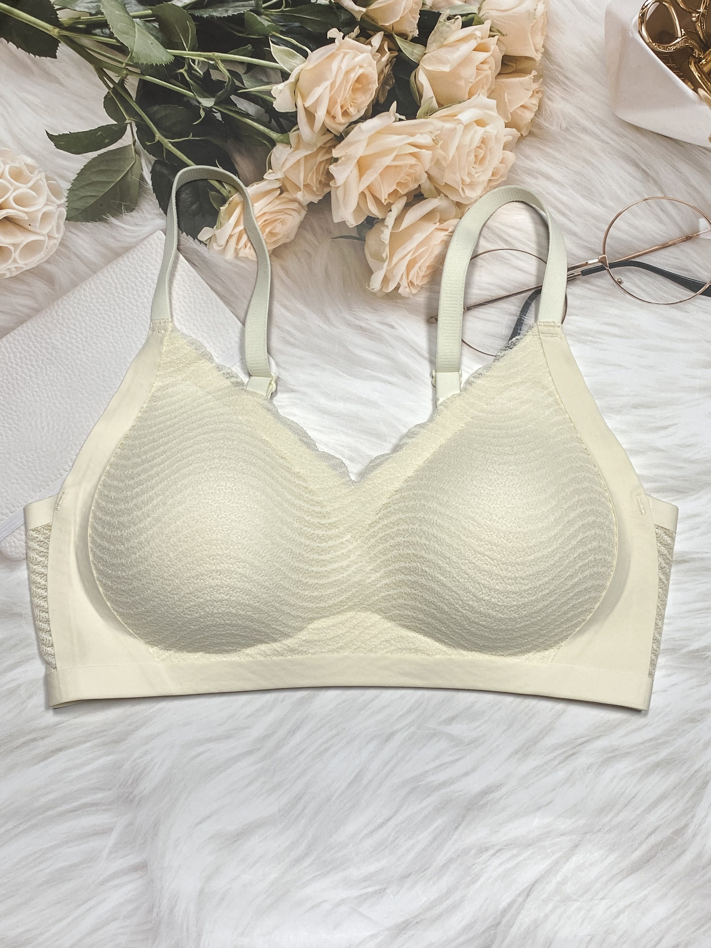 Simple Solid Floral Lace Bra Comfy Breathable Bow Knot Push - Temu