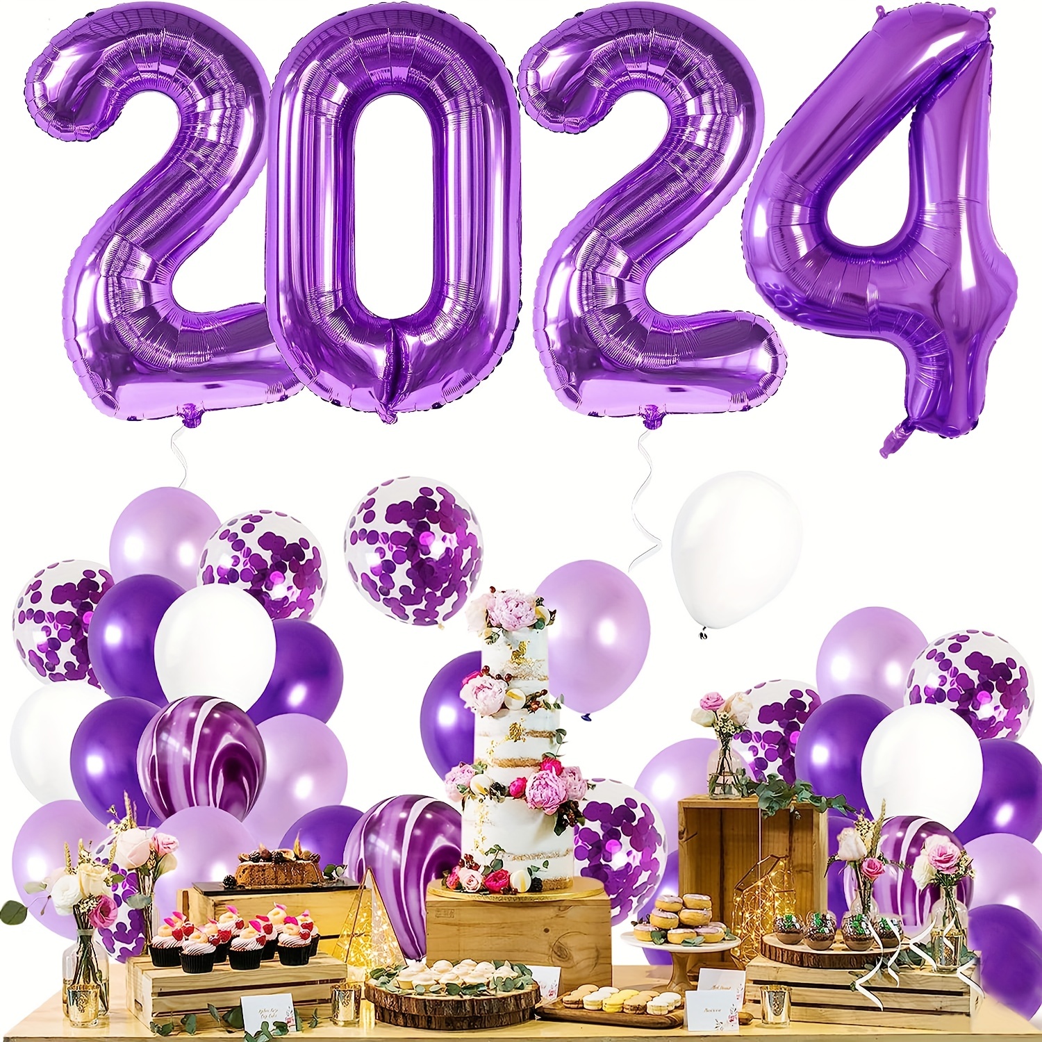 2024 Purple Confetti Metal Latex Balloon Set New Year - Temu