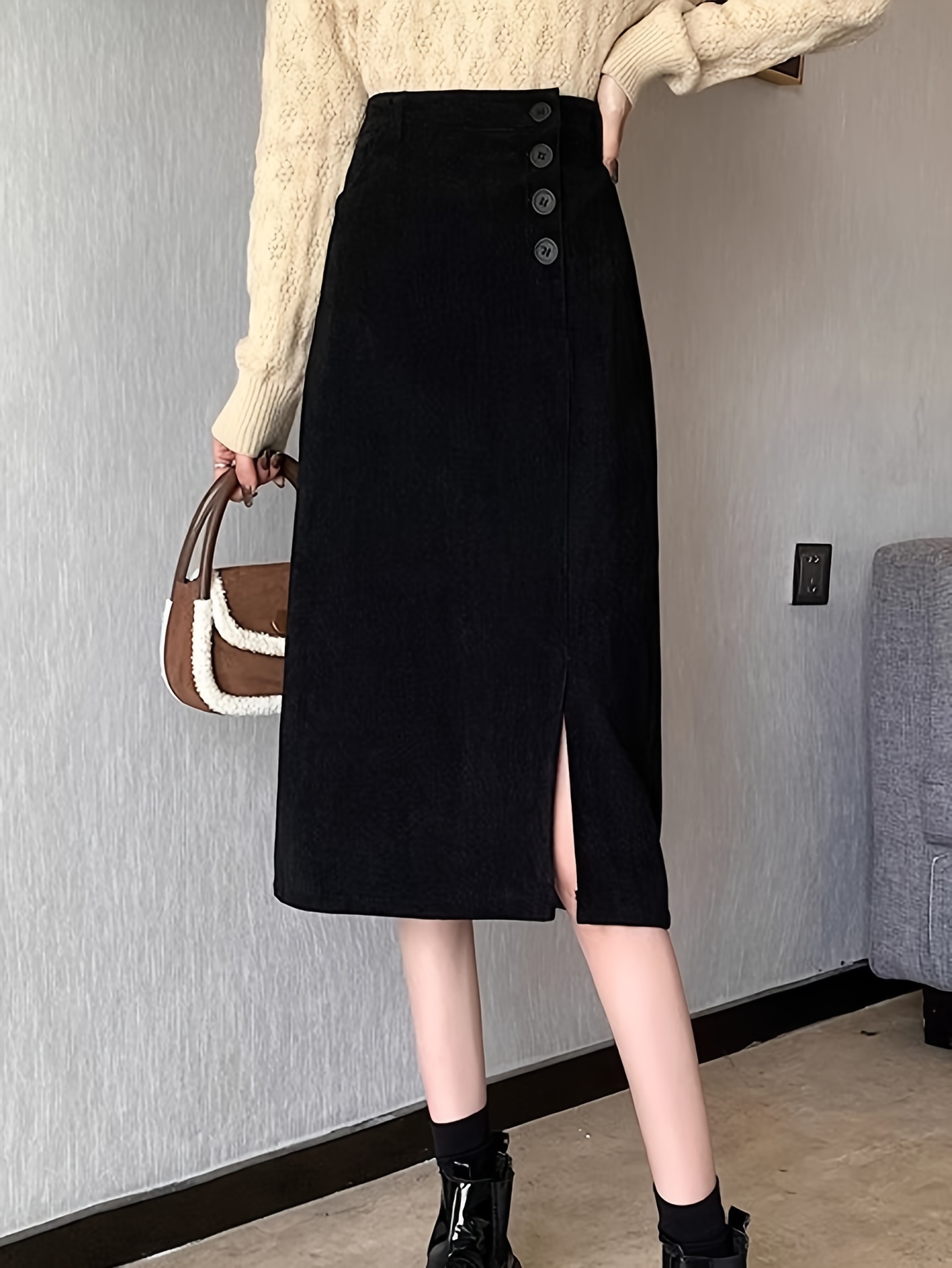 Solid Single Breasted Corduroy Skirt, Versatile Split Skirt For Spring ...