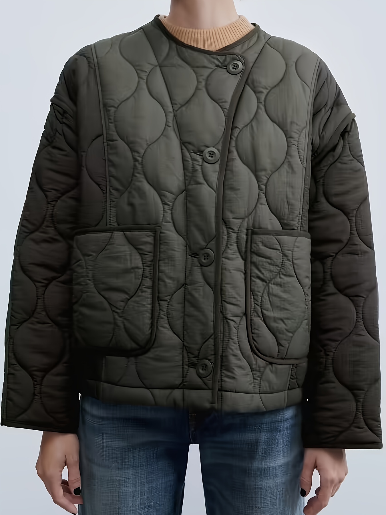 Elegant Womens Cotton Quilted Jacket With Padded Big Pockets Solid