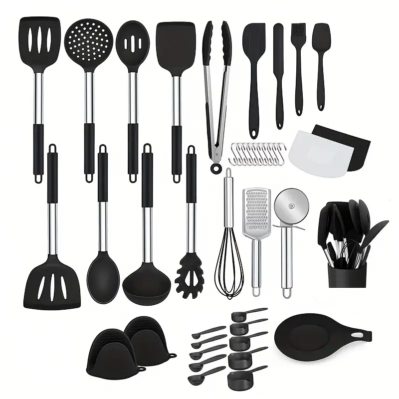 Complete Kitchen Utensil Set With Holder - Includes Cooking Turner,  Spatula, Soup Spoon, Colander Spoon, Whisk, Pasta Spoon, Grater, Pizza  Cutter, Measuring Spoon, Tongs, Oil Brush, Cooking Pinch, Cream Spetula,  Pastry Scraper 