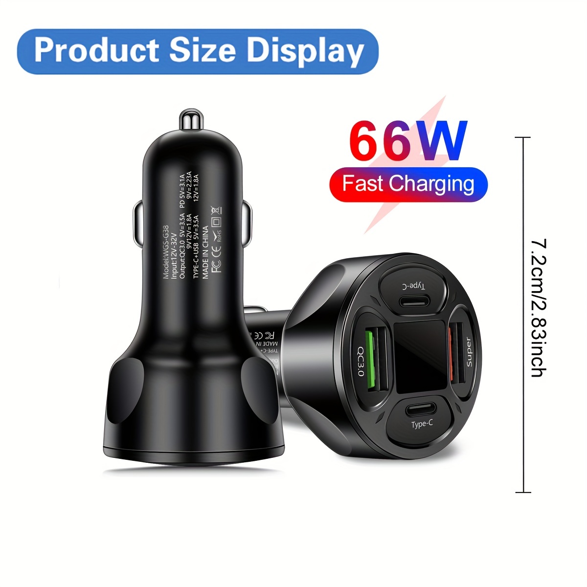 4-Port USB USB C 66W Phone Car Charger LED Display Fast Charging