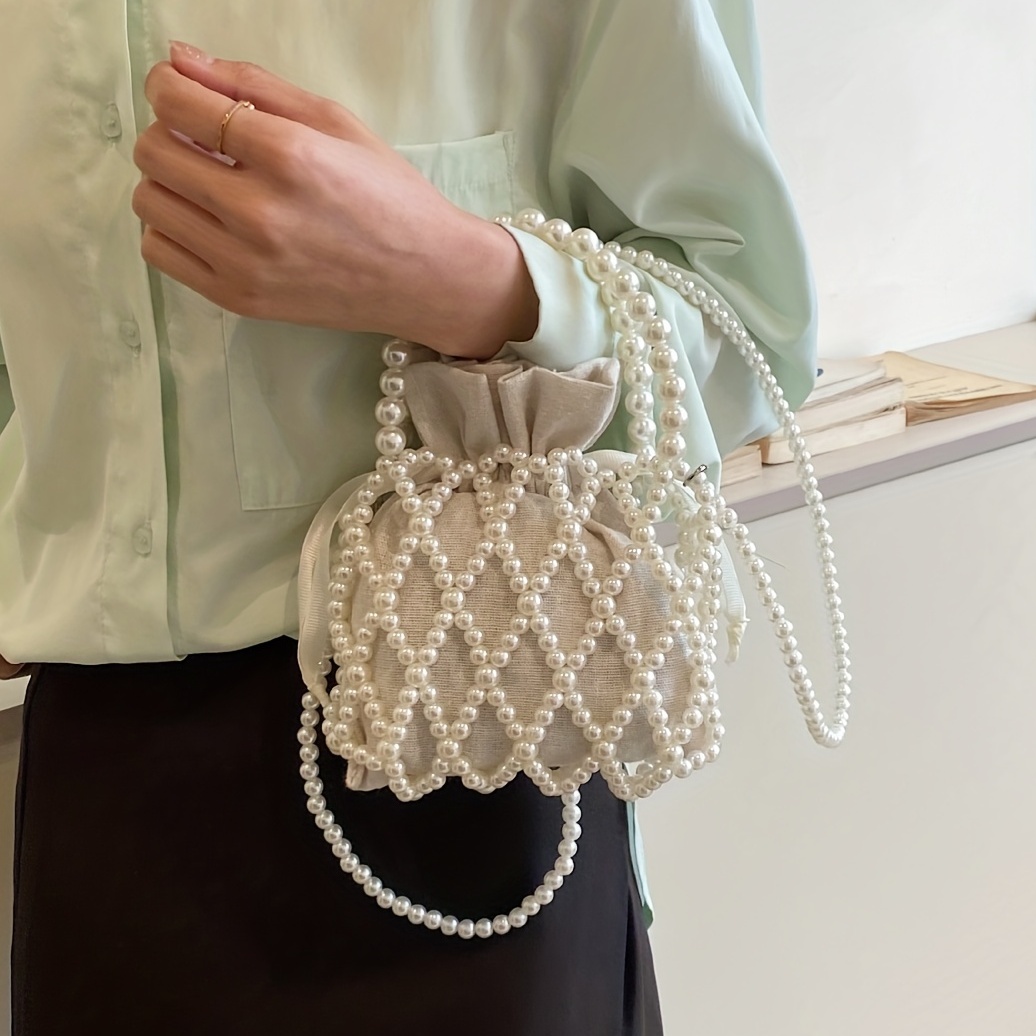 

Trendy Faux Pearl Straw Decor Satchel Bag, Drawstring Design Satchel Bag, Niche Handbag