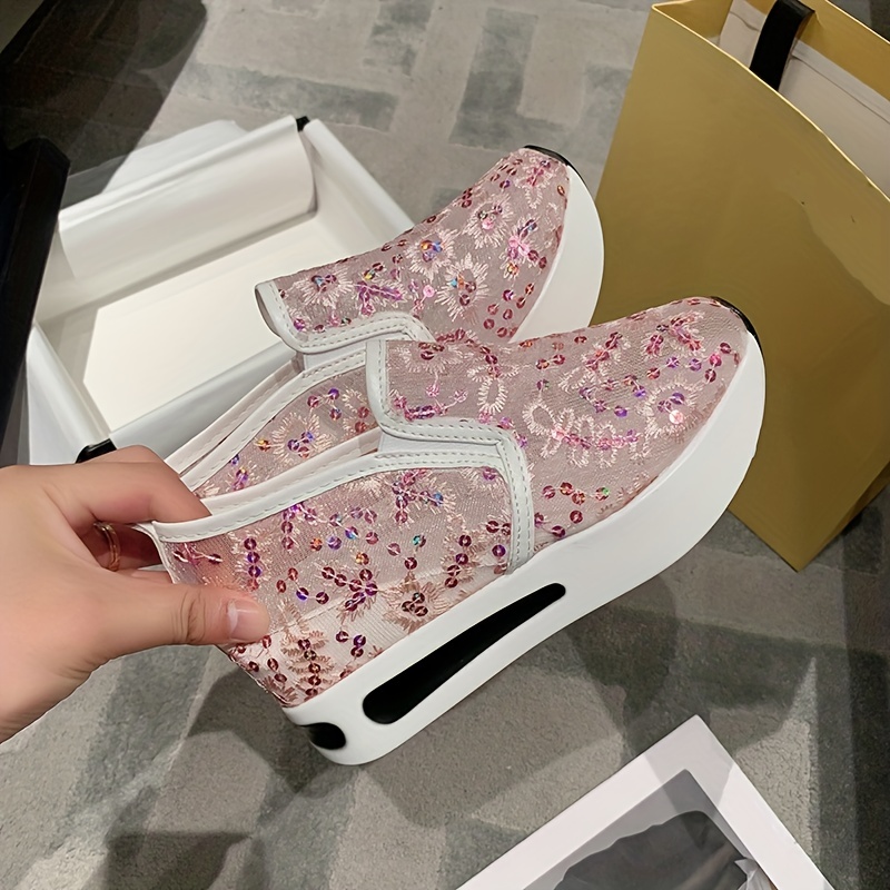 Women's Glitter Sequins Decor Sneakers Breathable Mesh - Temu
