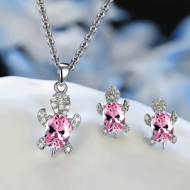 Pink CZ Diamonds Necklace Set With Earrings Sparkling Jewelry 