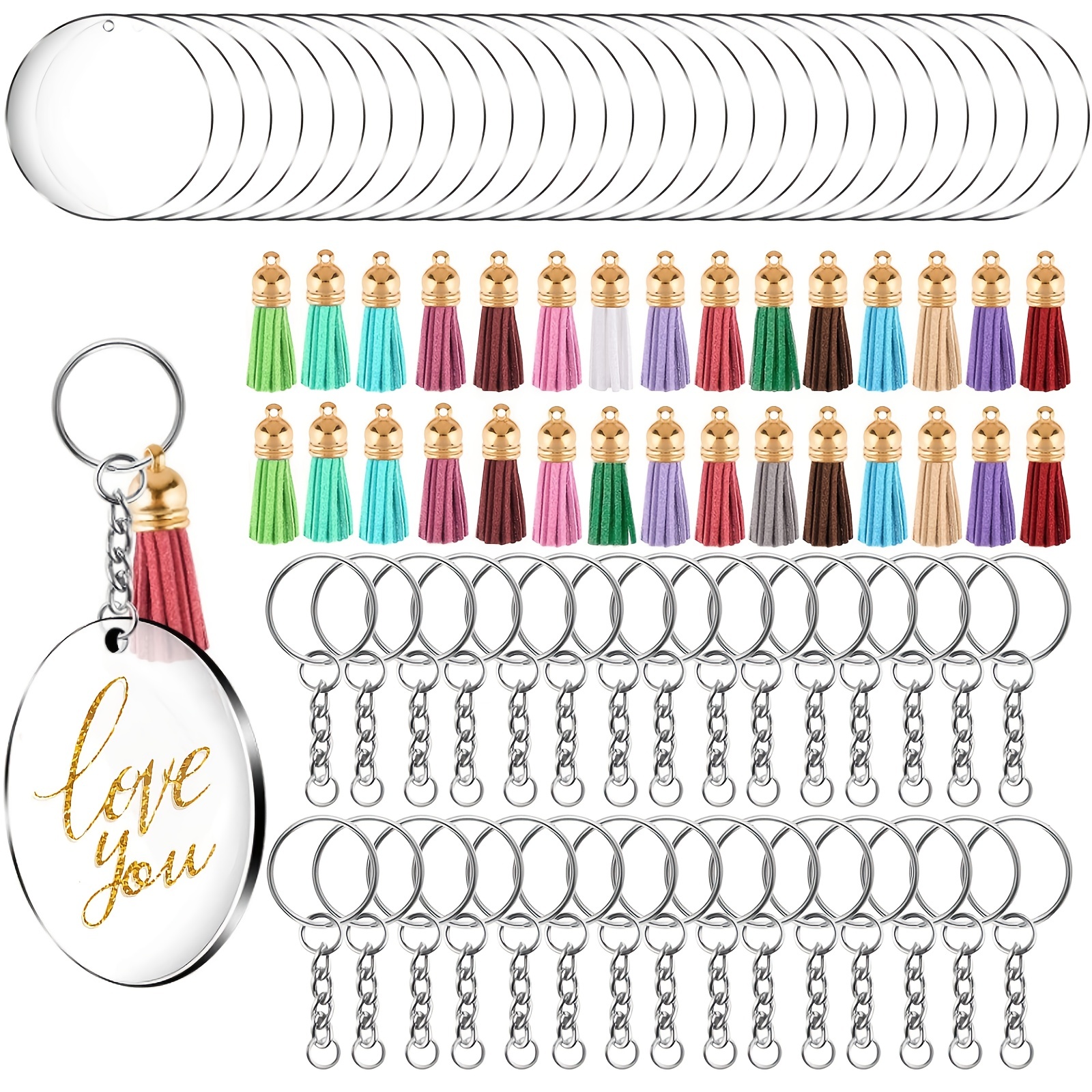 200pcs Acrylic Blank Keychains Clear Acrylictassel Keychain Blanks Kit With  Jump Rings Round Keyring Set Diy Key Rings Craft