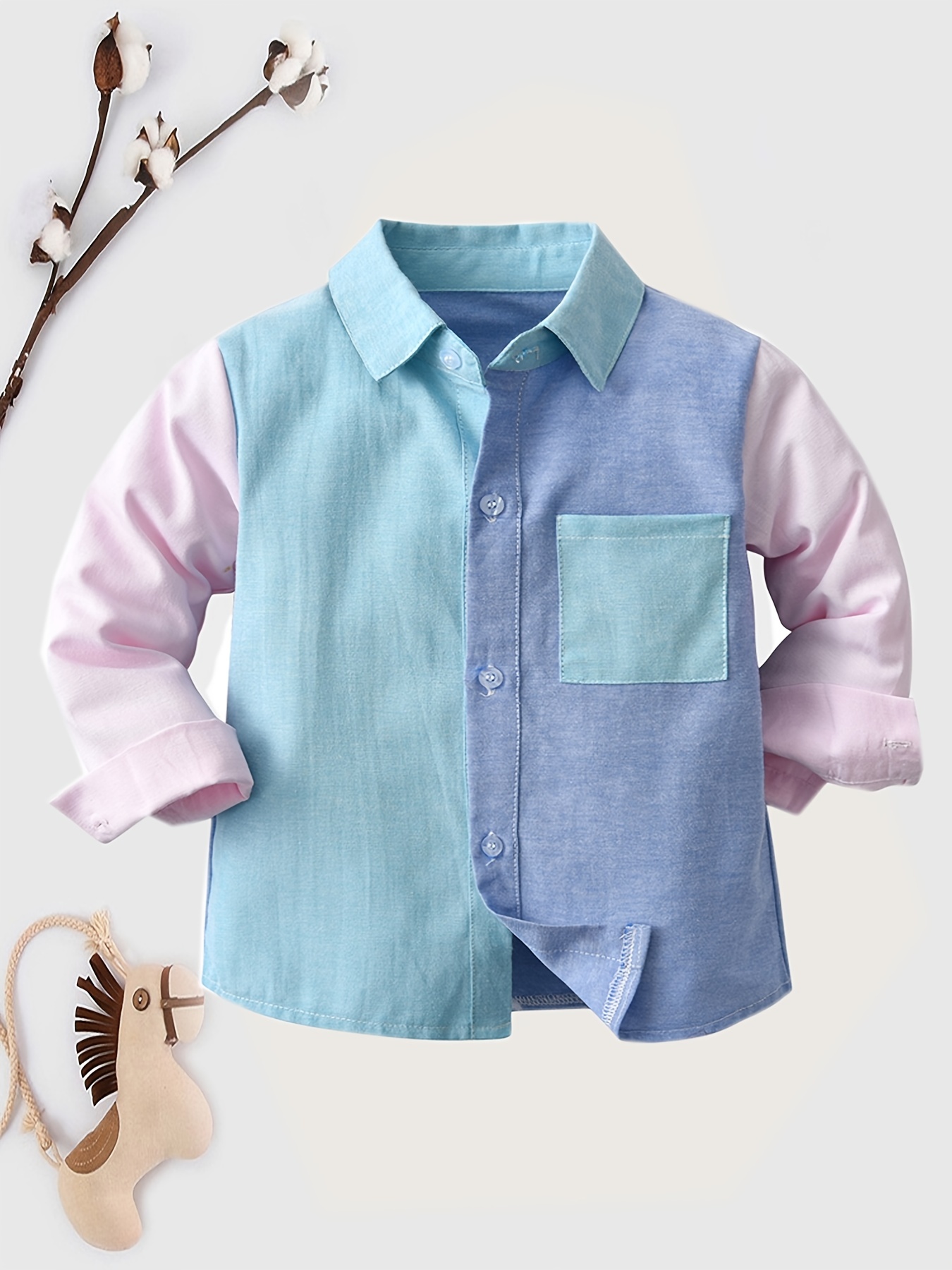 Boys Stylish Color Block Button Down Shirt, Casual Long Sleeve Lapel Shirt