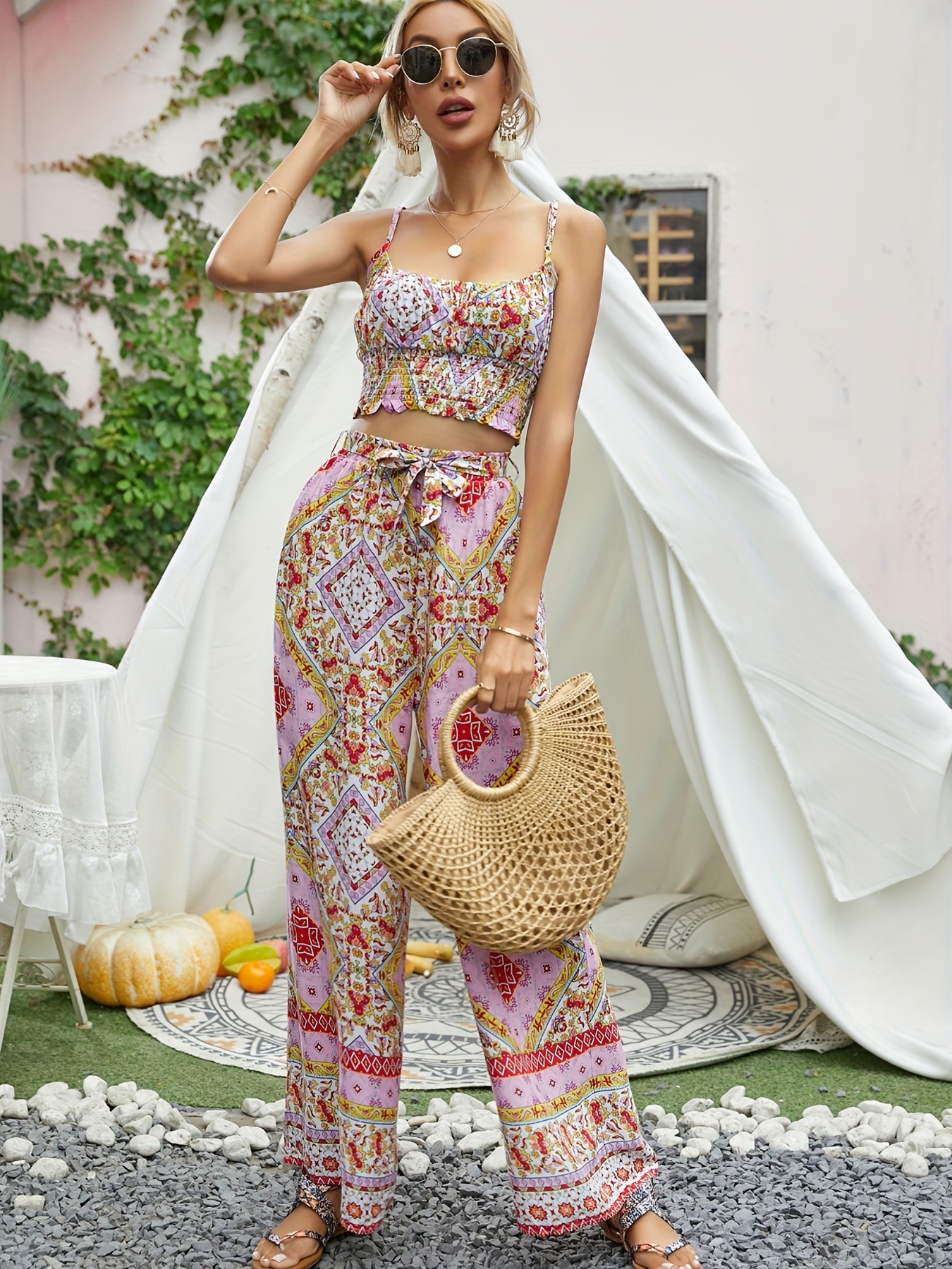 Casual Floral Print Matching Two piece Set Tank Top Wide Leg