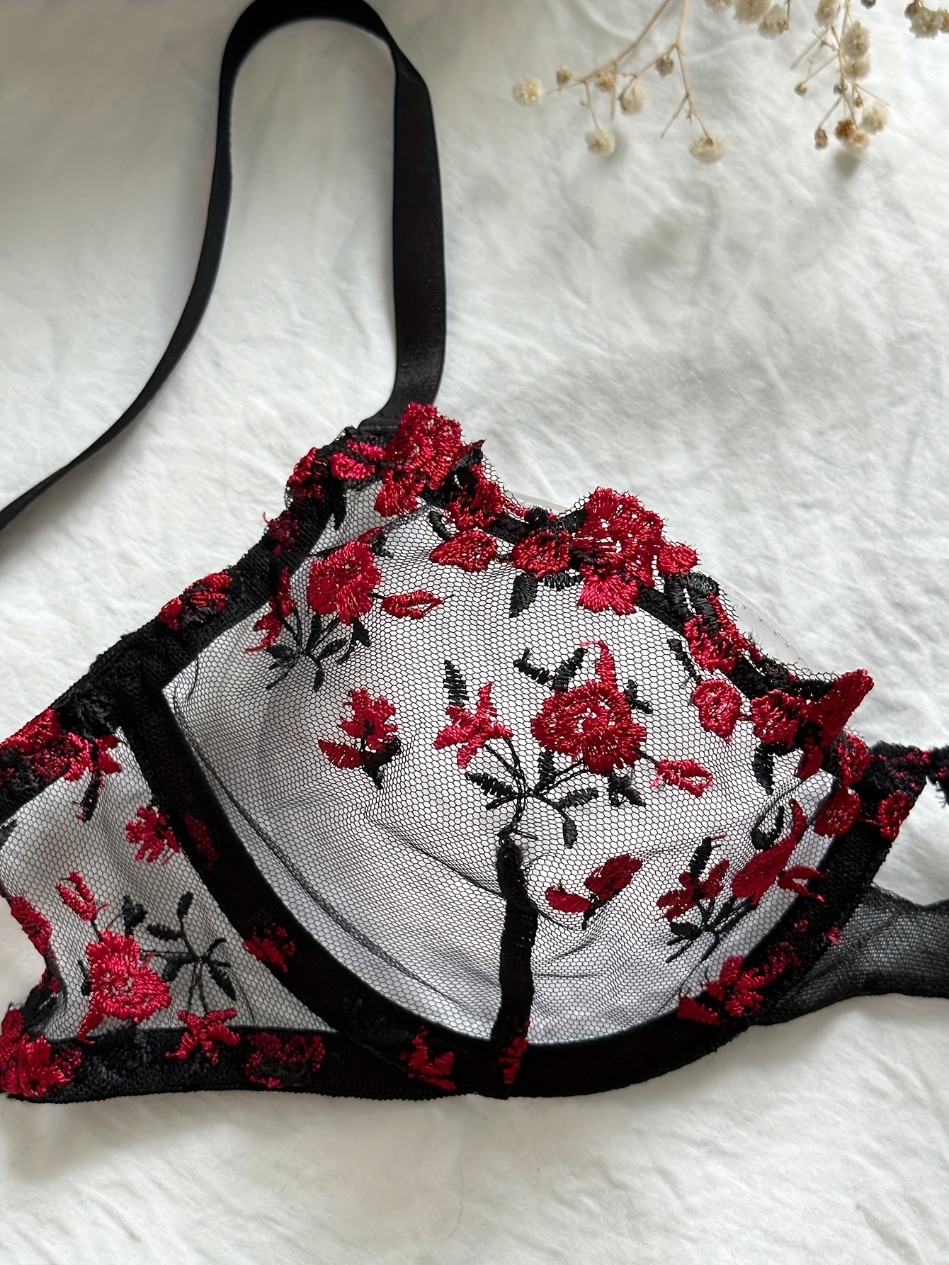 Floral Embroidery Lingerie Set Cut Unlined Bra Mesh Thong - Temu Austria