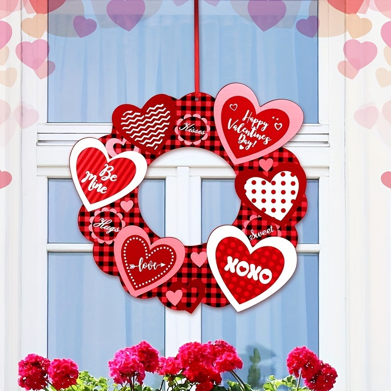 1pc, Valentine's Day Heart Wreaths For Front Door Wooden Door Sign