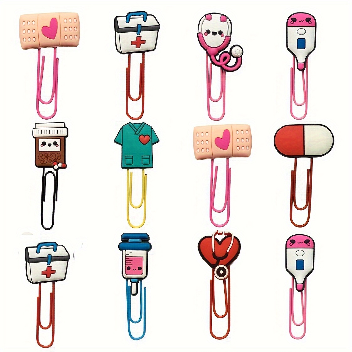 Image of 12pcs Cartoon Nurse Themed Bookmarks With Large Paper Clips, Colorful Memo Clips For Students And Nurses, Office Stationery Organizer, Nurse Accessories For Work