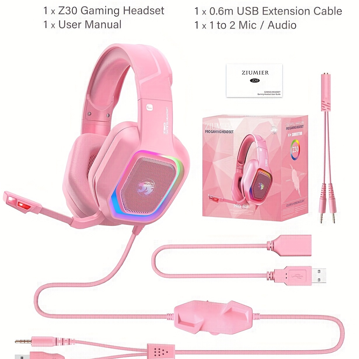 Casque filaire pour filles et PC, casque d'écoute avec Microphone, lumière  LED RGB, pour PS4/5, téléphone portable, cadeau