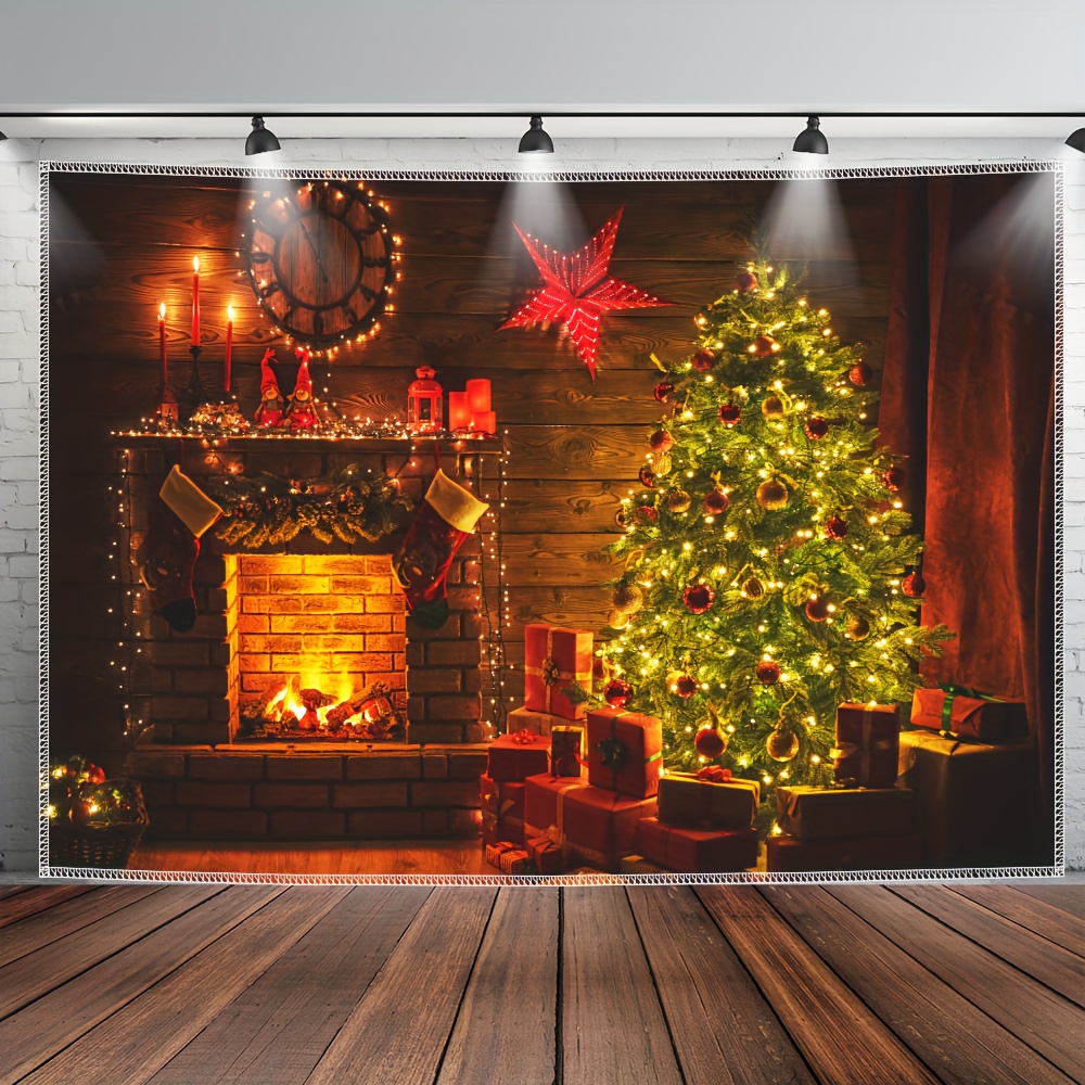 Arazzo da parete 2023 Natale arazzi colorati sfondo in legno. Natale Babbo  Natale. Albero e camino per i vivi