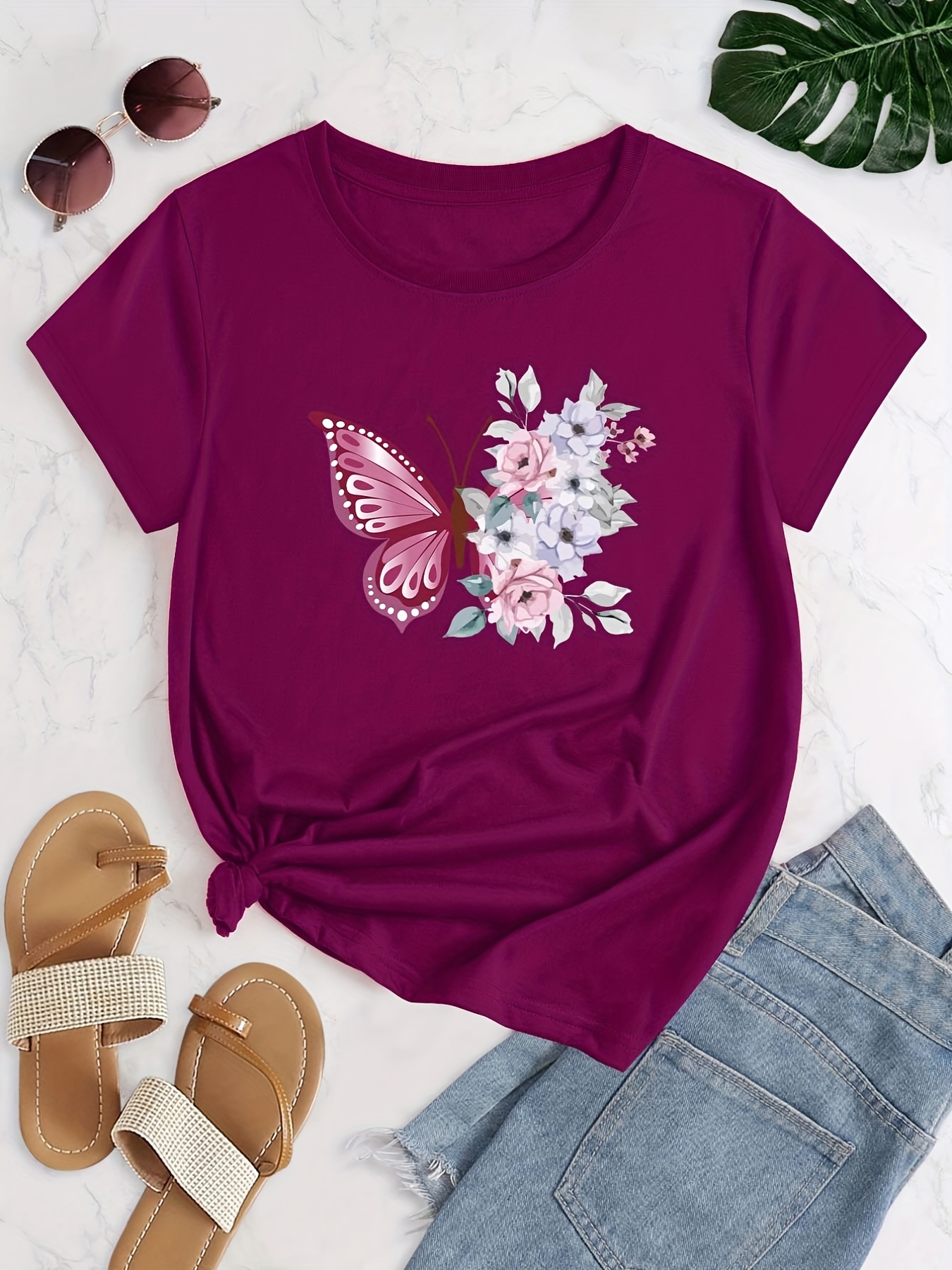Camiseta Cuello Redondo Estampado Mariposas Flores Camisetas - Temu Mexico