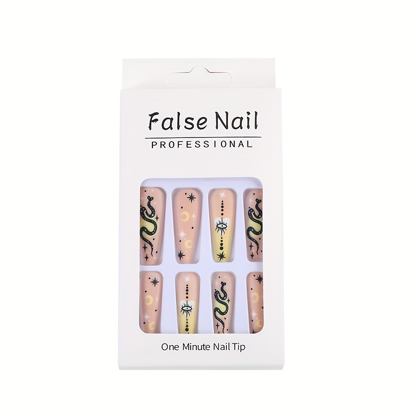 Extra Long Coffin Press On Nails With Snake Moon And Star Designs,matte Fake  Nails,yellow False Nails For Women And Girls, - Temu