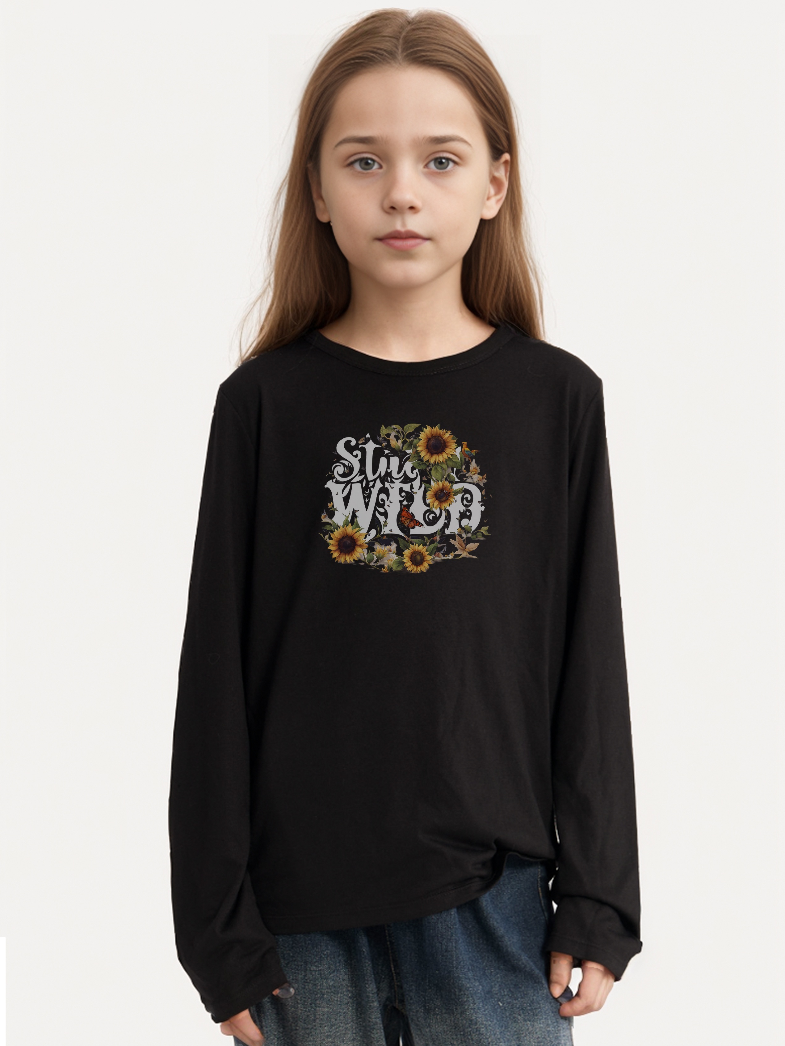 Girls Vintage Flower Graphic Crew Neck Long Sleeve T shirt - Temu