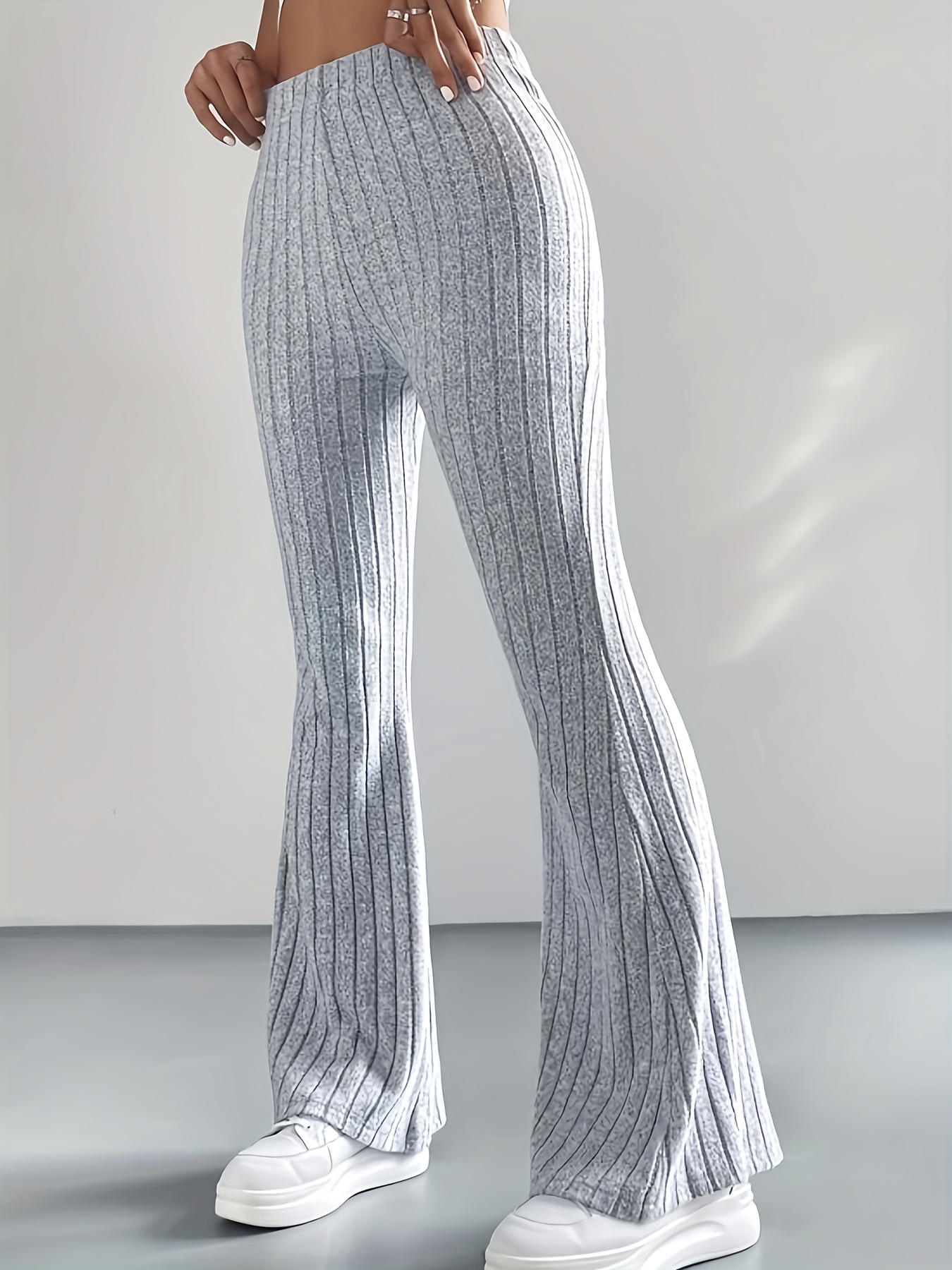 Solid High Waist Striped Ribbed Long Length Leggings Pants - Temu