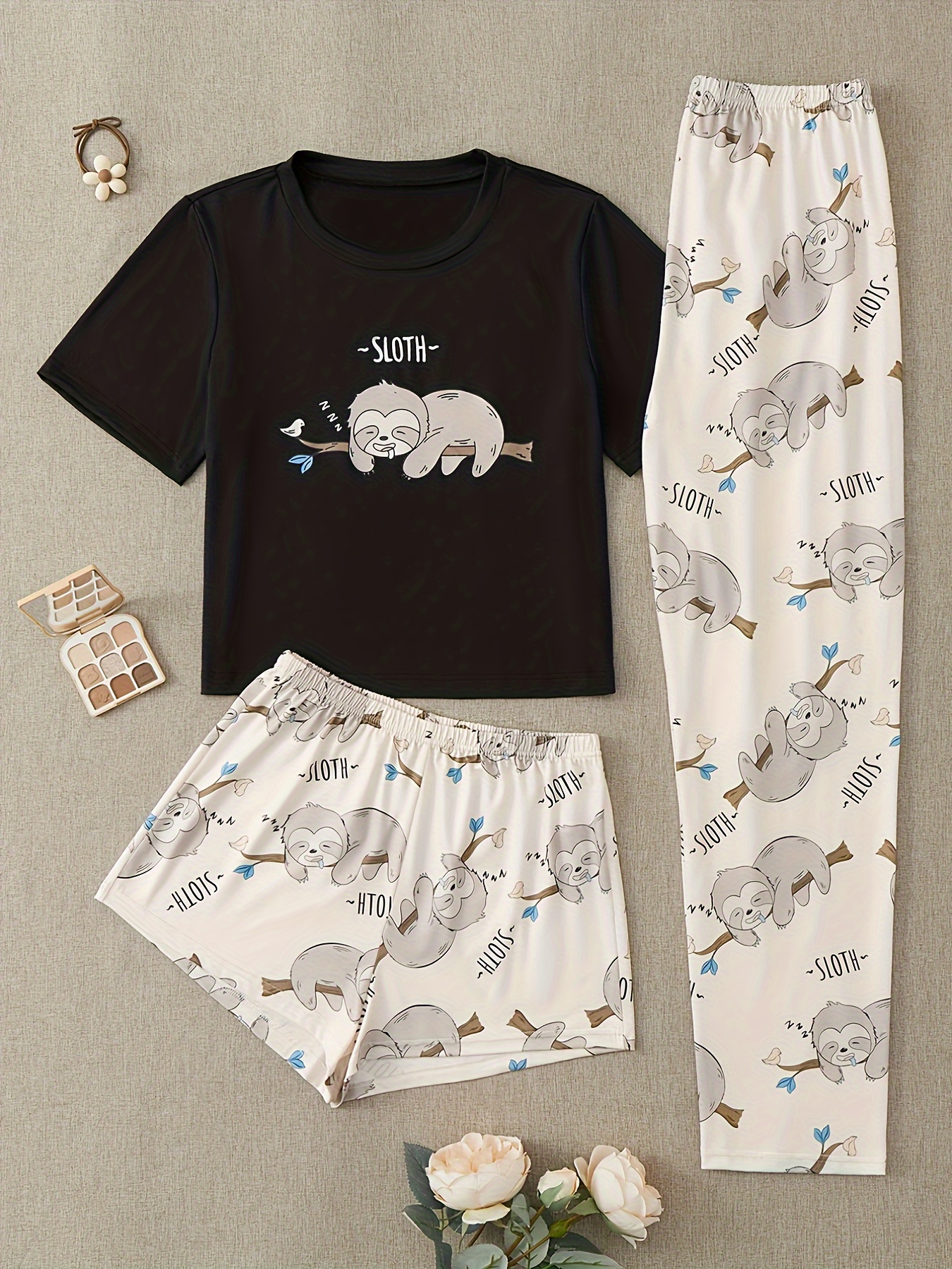 Cartoon Sloth Print Pajama Set Short Sleeve Crew Neck Top - Temu