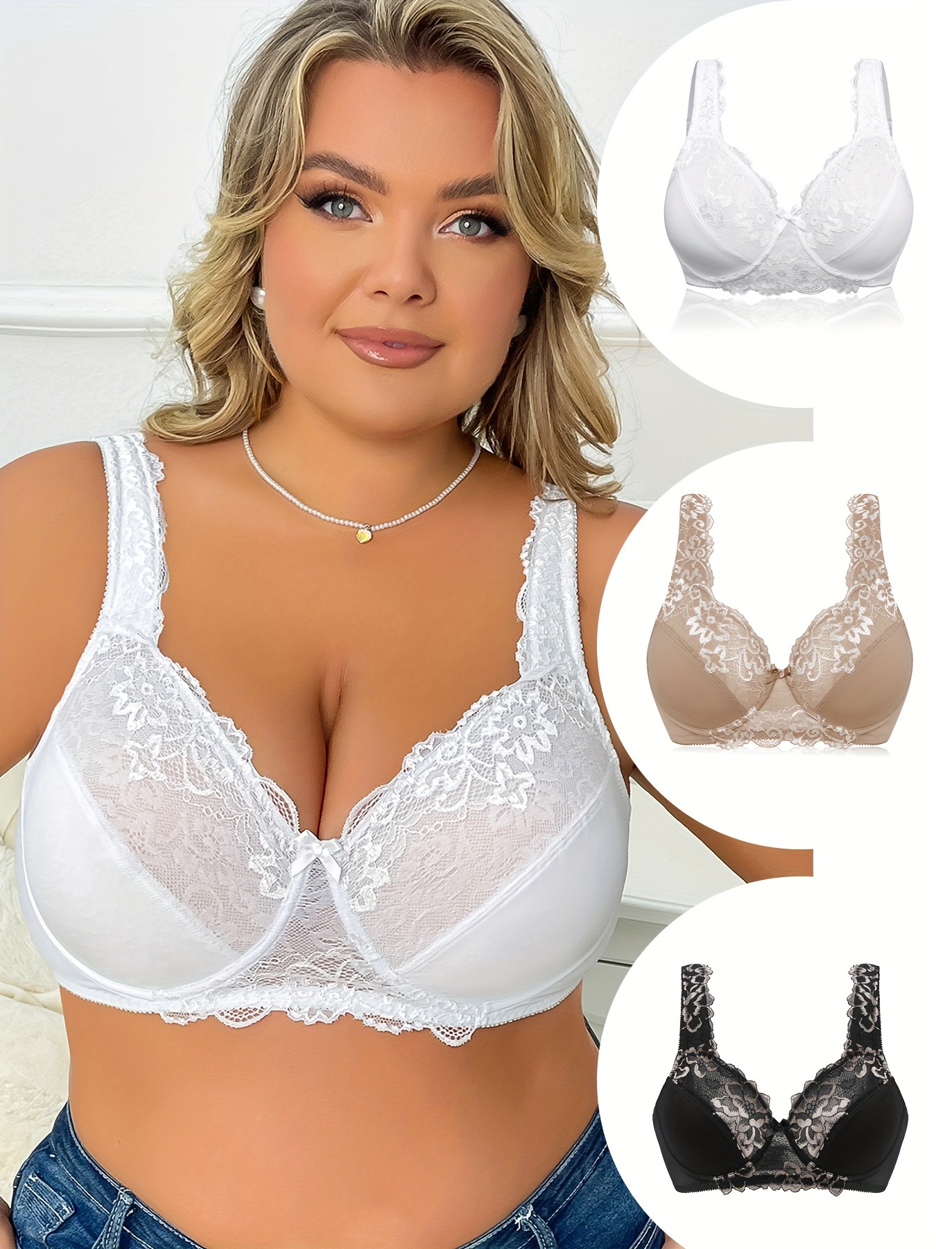 Non-padded underwired lace bra - White - Ladies
