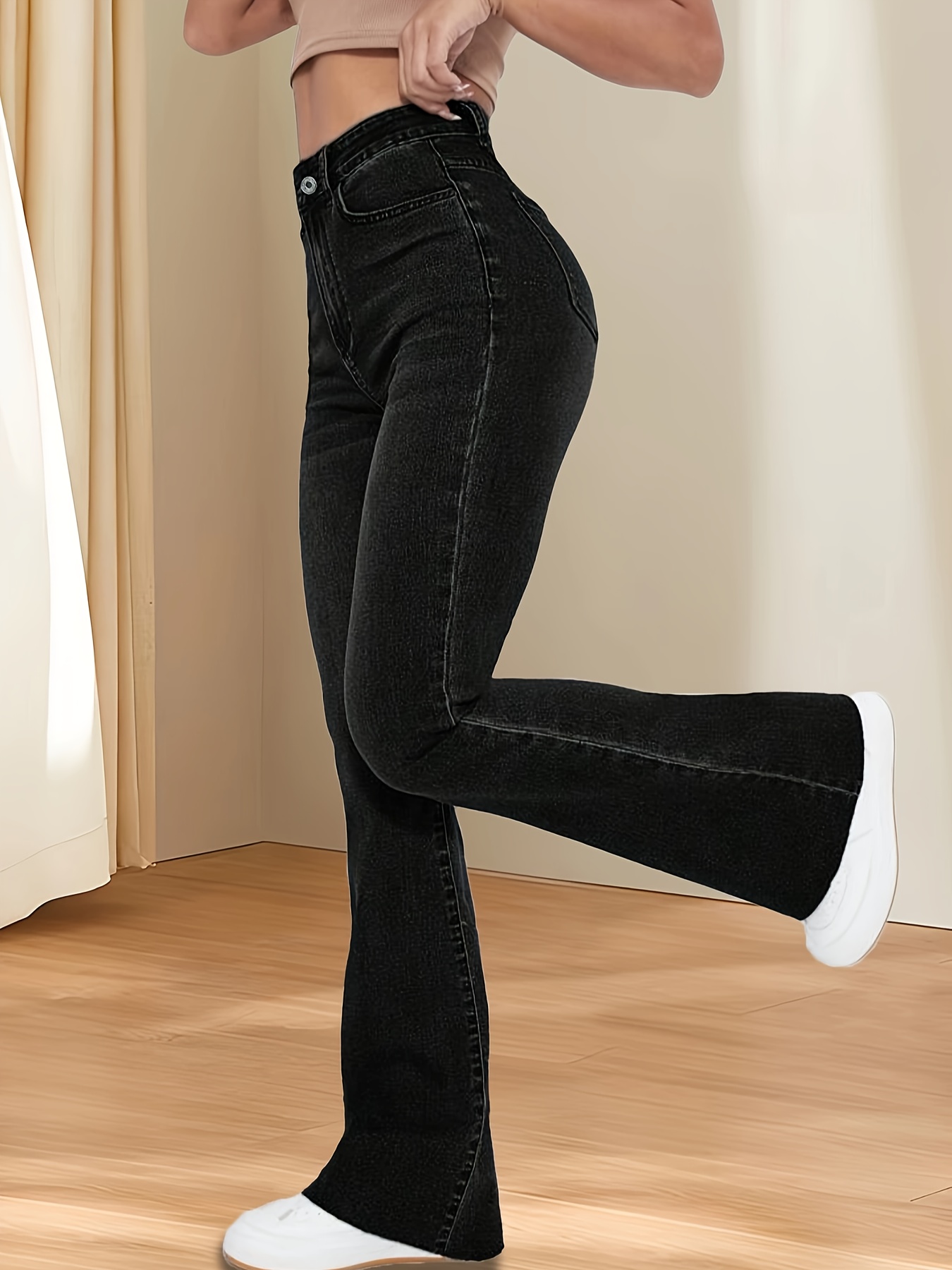 Black Slant Pockets Flare Jeans High Stretch Washed Bell - Temu