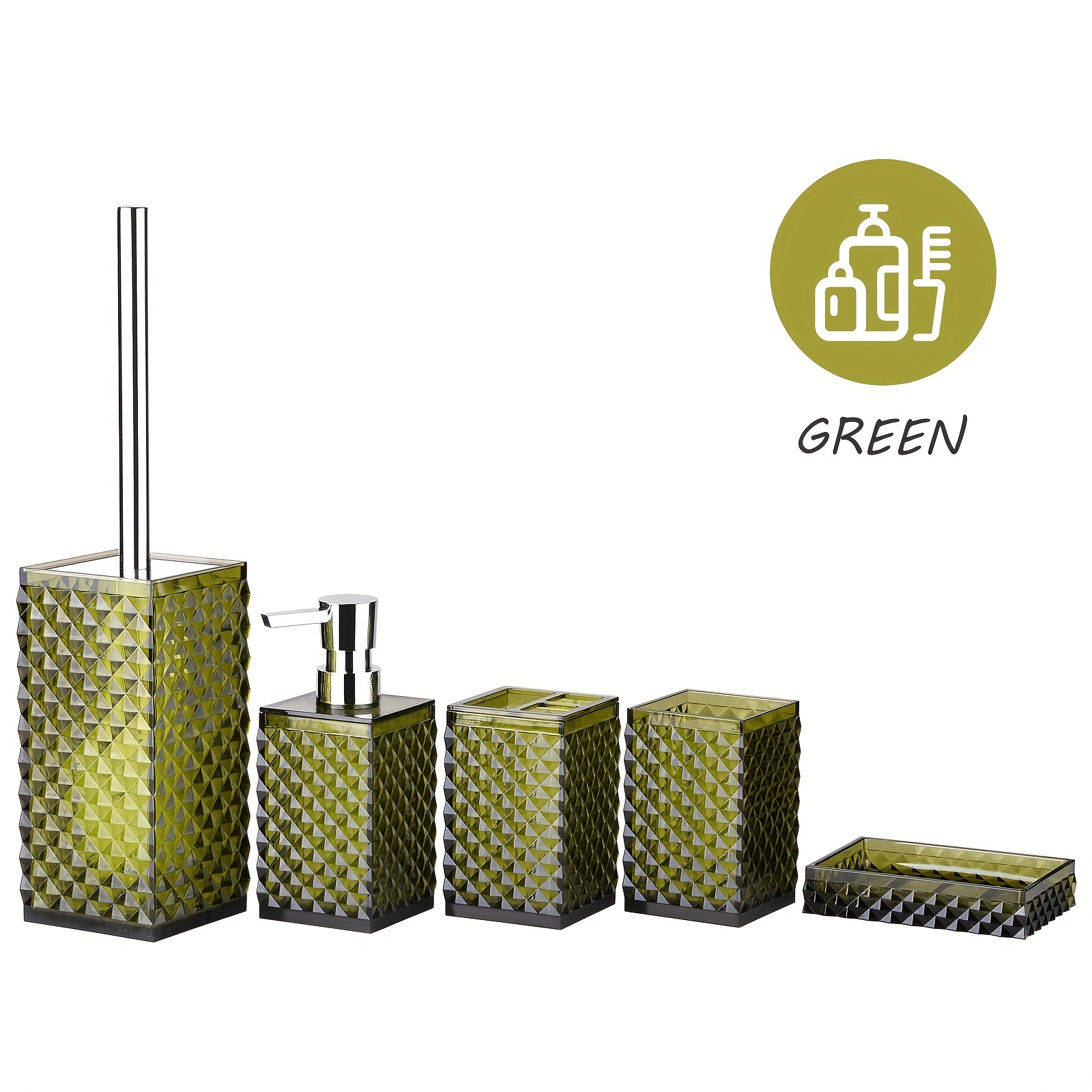 Green Acrylic Bathroom Accessory Set, 5 Pcs Bathroom Accessories Set with Lotion Dispenser,Soap Dish,Tumbler,Toothbrush Holder,Toilet Brush Set