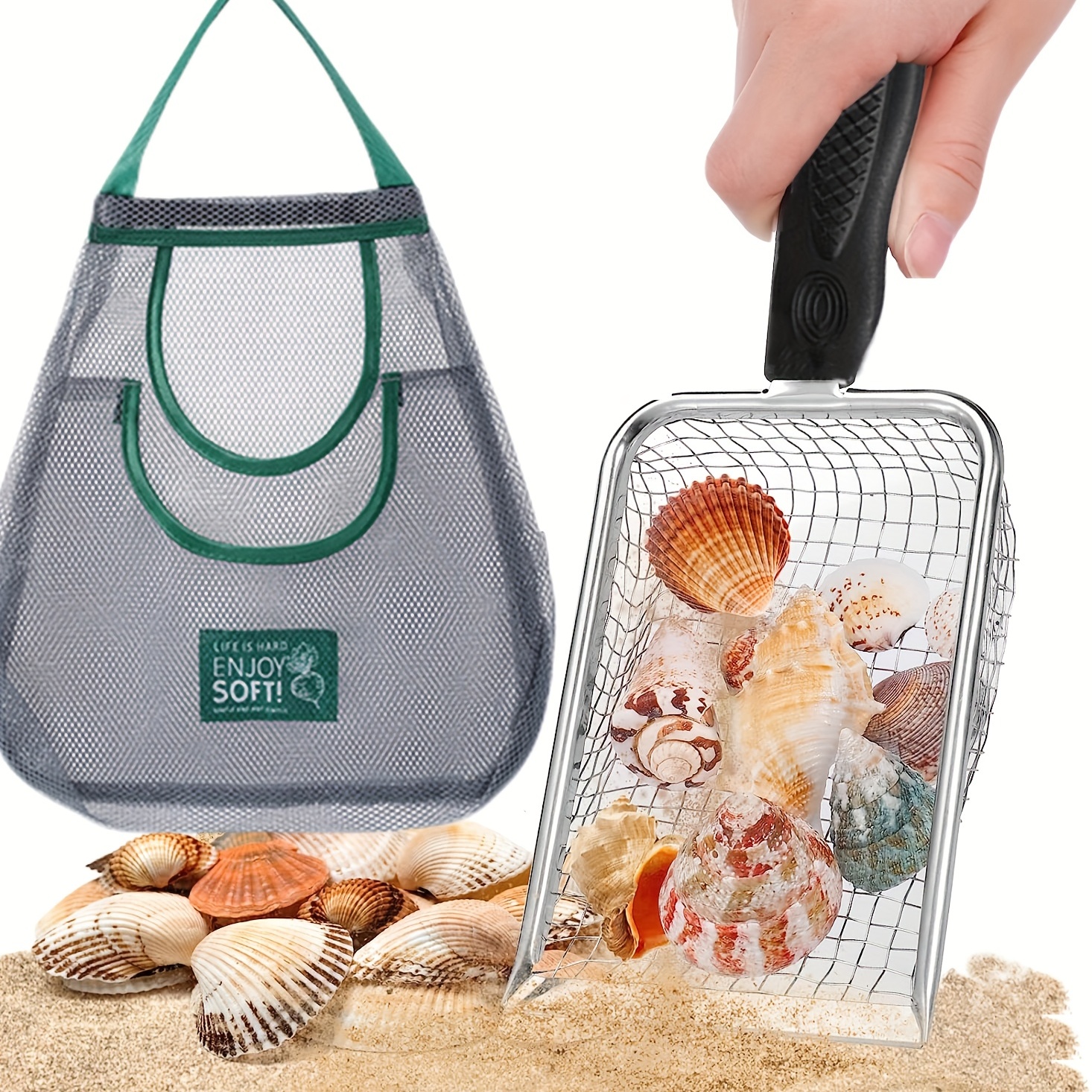 

Beach Mesh Shovel With Mesh Beach Bag Shovels For Shell Collecting, Sand Sifter For Shark Teeth, Sand Scooper Beach Toys For Picking Up Shells