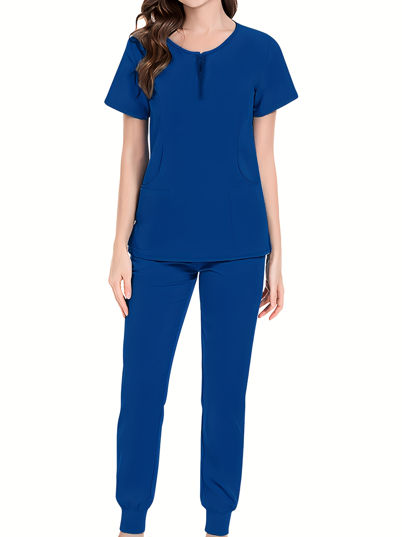 Nurse Work Two piece Set Crew Neck Pocket Front Scrub Tops - Temu