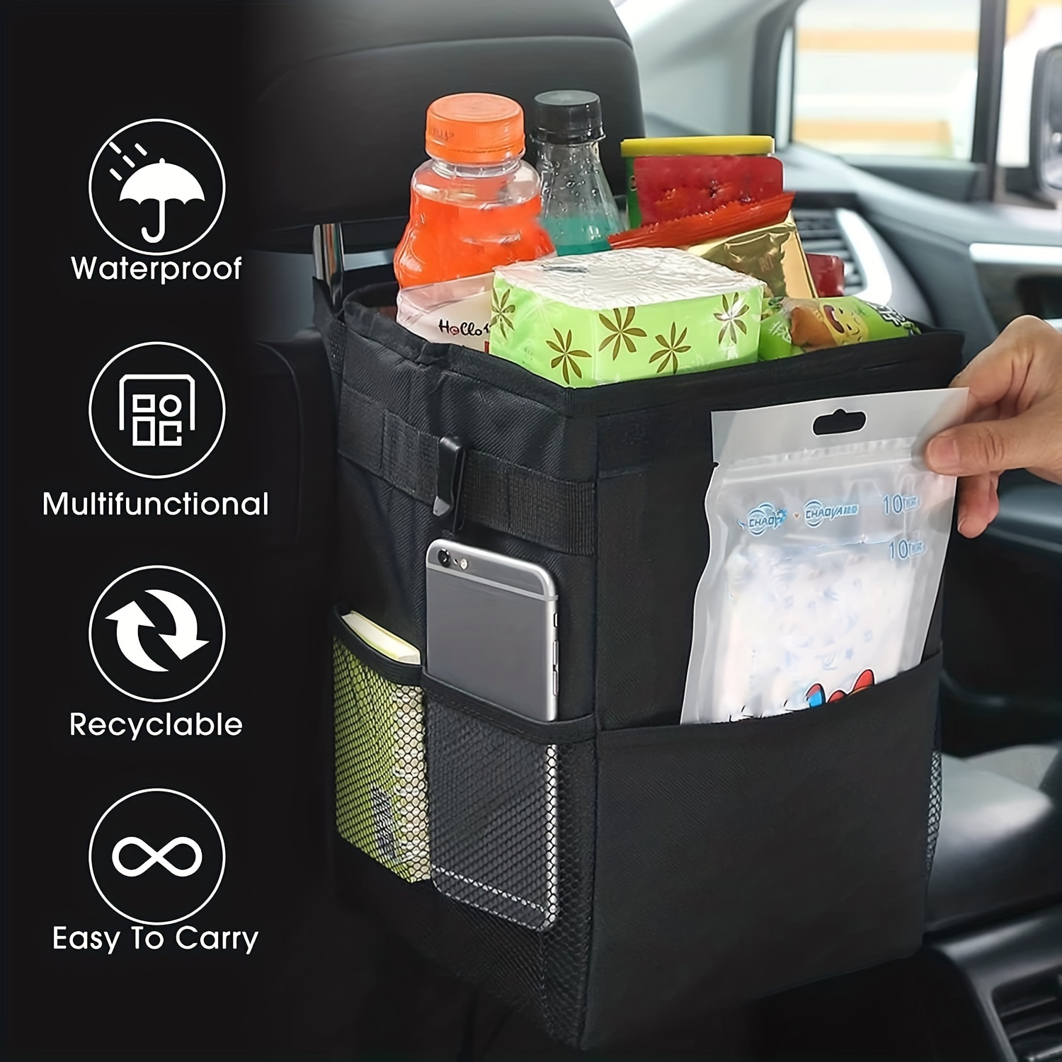 SANIWISE Car Trash Can Auto Organizer Outdoors Storage Pockets