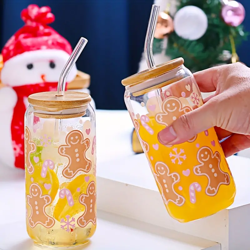 Christmas Halloween Drinking Glass With Lid And Straw, Can Shaped Glass  Water Cup, Iced Coffee Cup, For Beer, Juice, Milk, Birthday Gifts,  Drinkware - Temu