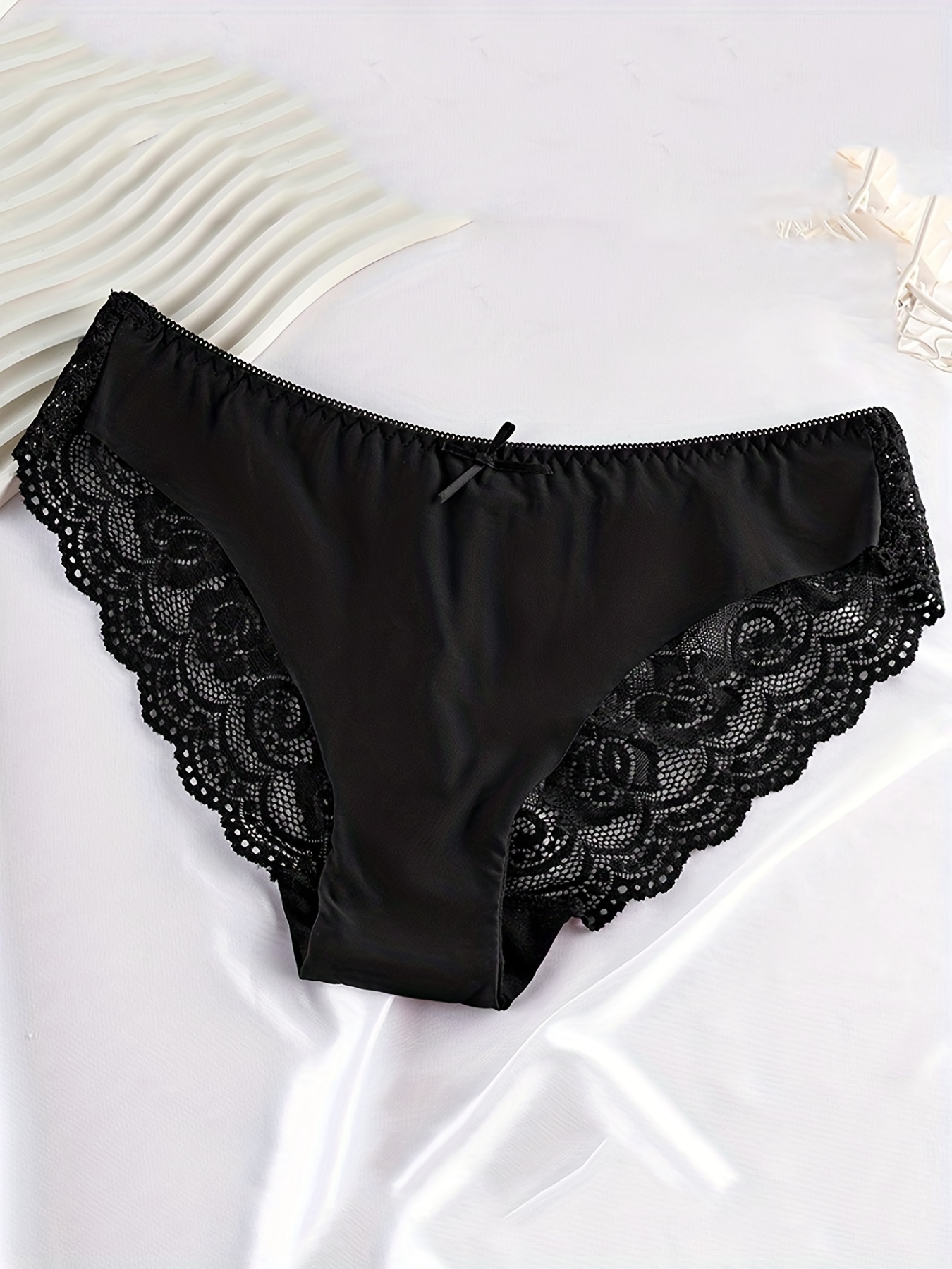 Contrast Lace Thongs Soft Comfy Scallop Trim Bow Tie Panties - Temu Germany
