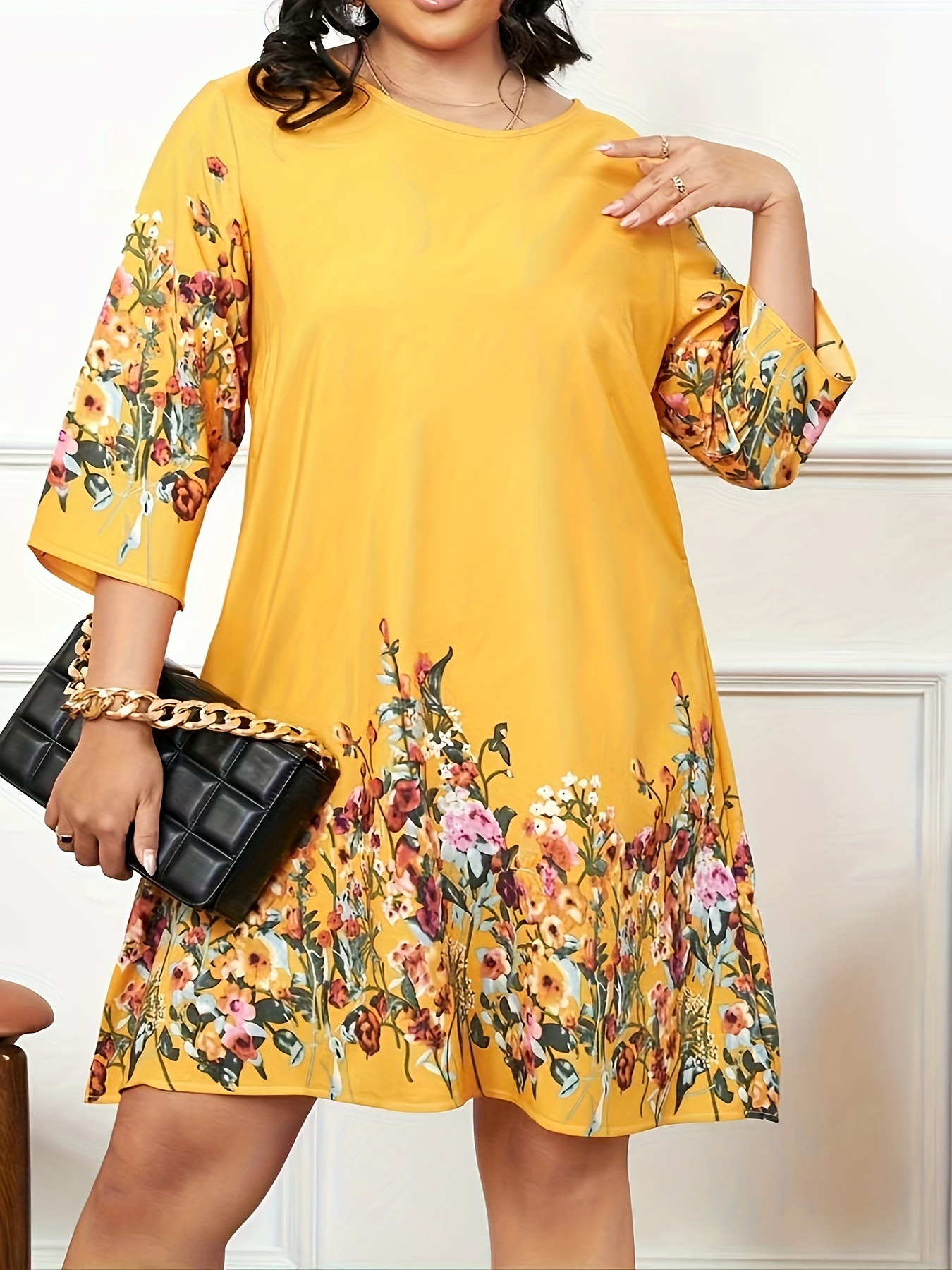 plus size floral print dress casual crew neck 3 4 sleeve dress womens plus size clothing