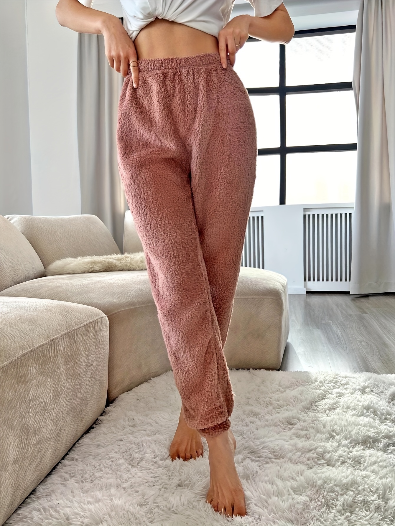 Solid Fuzzy Lounge Pants Warm Soft Elastic Waistband Pants - Temu Canada