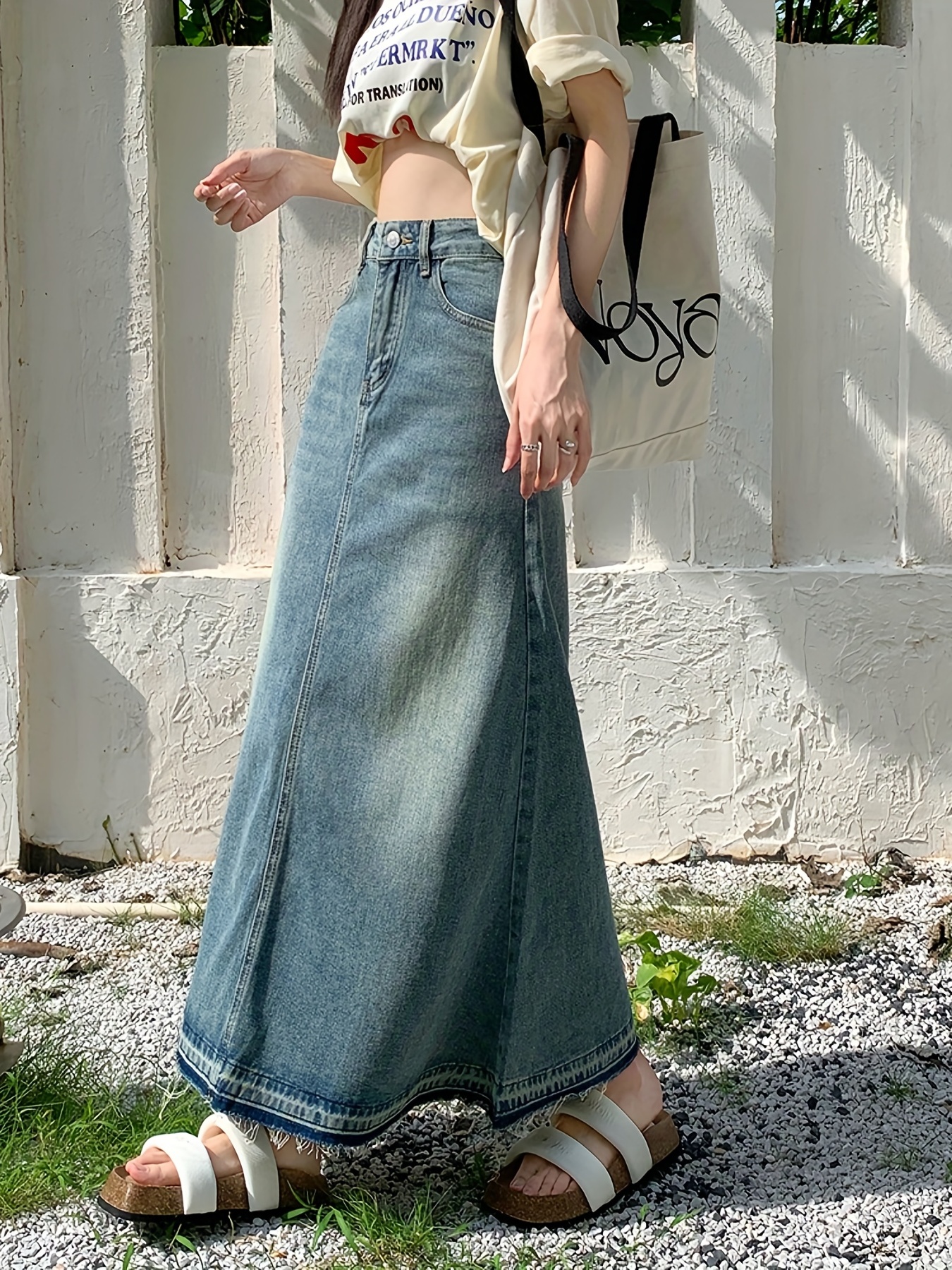 Blue Raw Cut Denim Midi Skirt, A-Line High Waist Washed Vintage Style Denim  Midi Skirt, Women's Denim Clothing