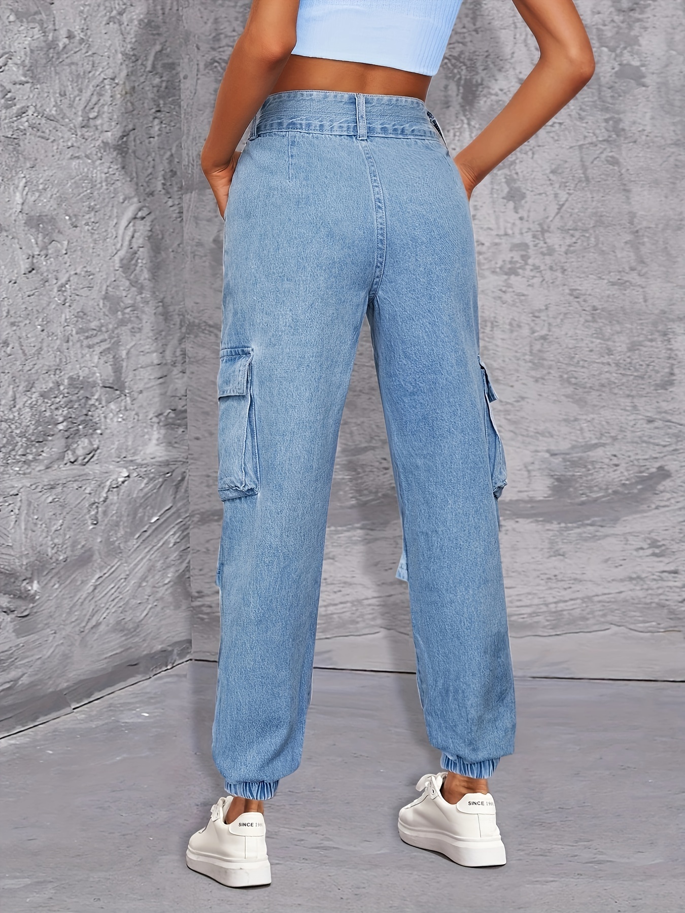 Blue Ripped Holes Jogger Jeans, Drawstring Waist Flap Pockets Straight Legs  Cargo Pants, Women's Denim Jeans & Clothing