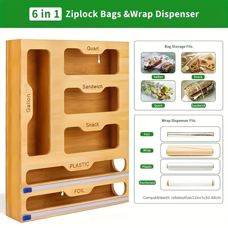 2-in-1 Ziplock Bag Storage And Aluminum Foil Storage Box, Plastic Wrap  Dispenser With Cutter, Suitable For Kitchen Drawers, Bamboo And Wood  Zippered Food Bag Storage Bags, Gallons, Slider Quarts, Sandwiches And  Snacks