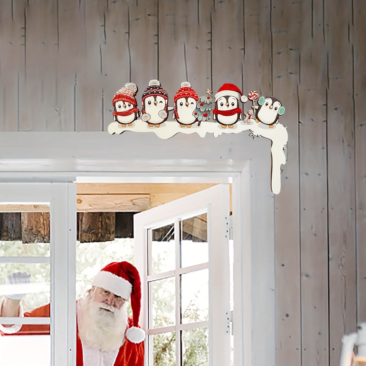 1pc, Angolo Di Legno Natalizio Cornice Per Porta Ornamento Decorazione  Pinguino Di Natale E Orso Di Natale, Decorazione Di Scena, Accessorio  Festivo