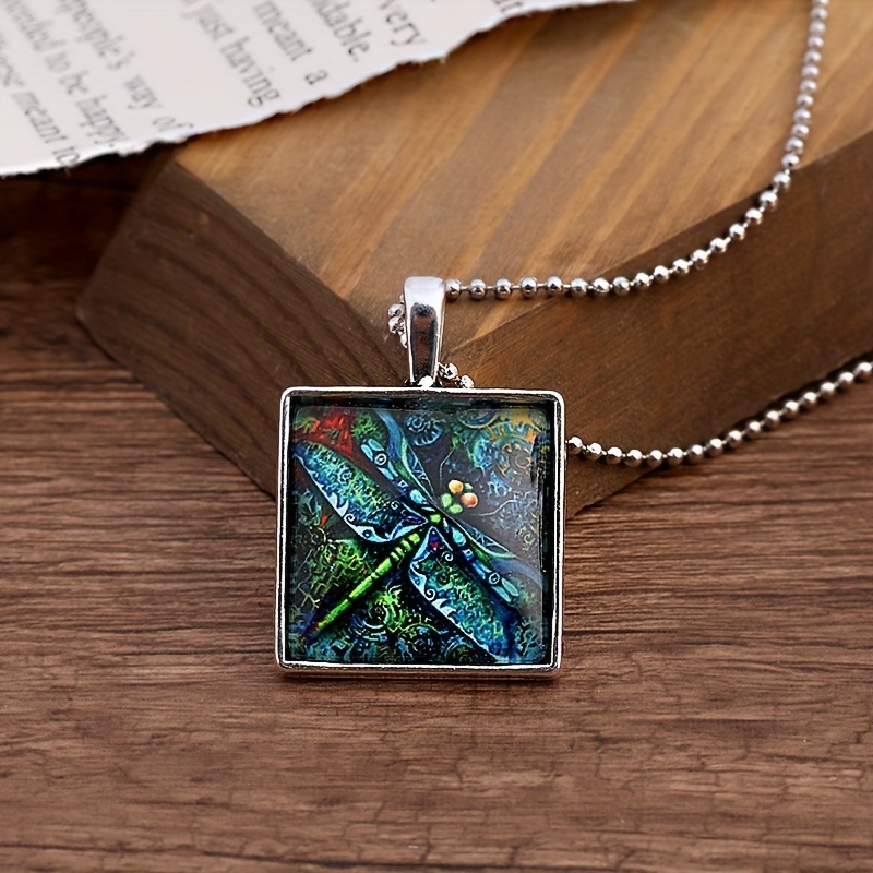 Collier avec pendentif carré en verre peint, hibou bleu libellule insecte,  bijoux rétro, nouvelle couleur