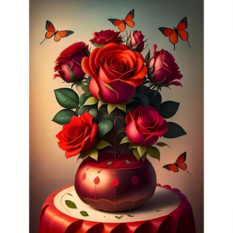 

1pc 5d Cube Diy Round Diamond Painting With Full Of Diamonds Fire Red Rose Flower Diamond Cross Stitch Hanging Painting Decorative Painting, Suitable For Beginners And Craft Lovers