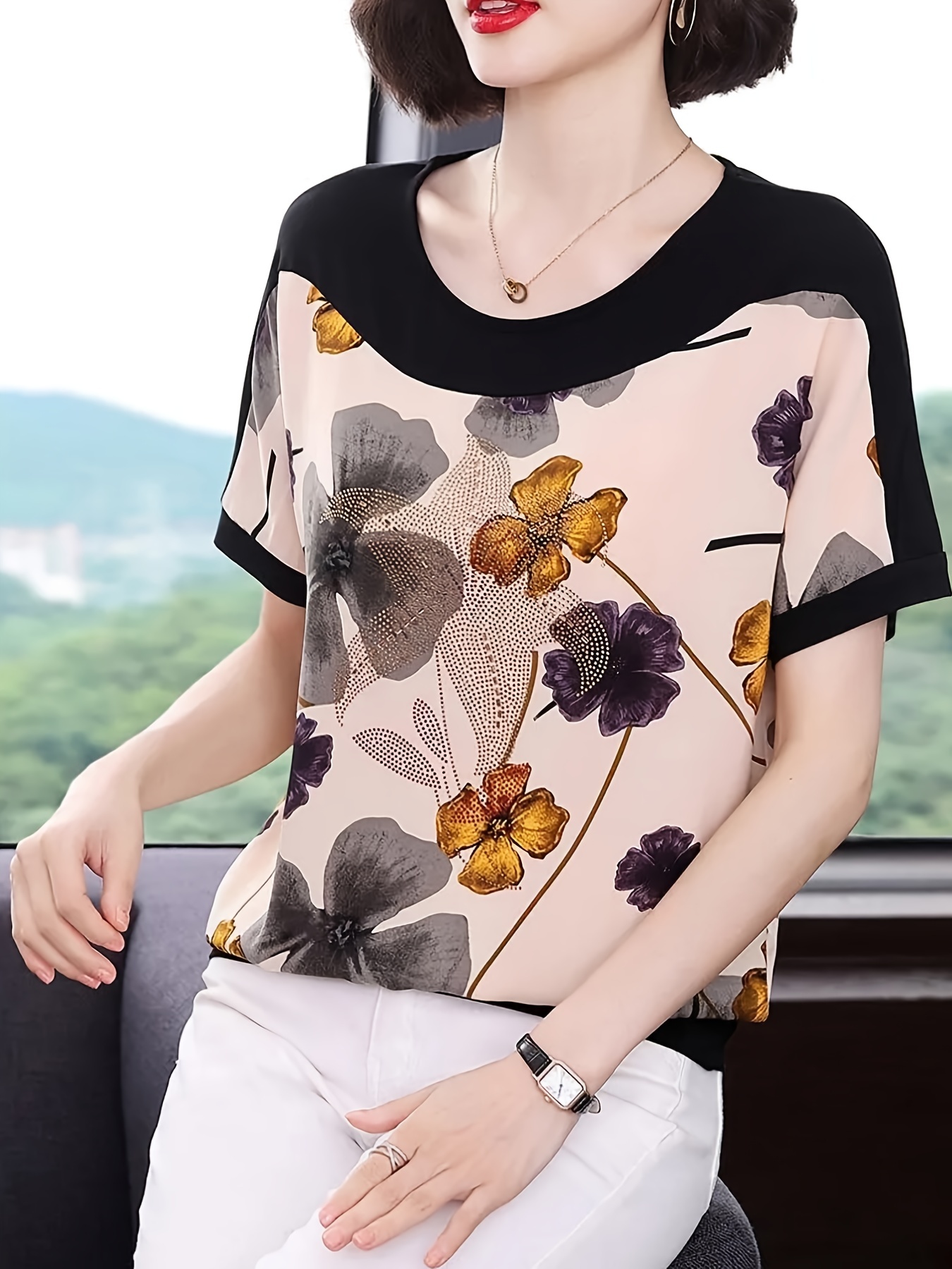 Summer Crew Neck Short Sleeve Tops Womens Casual Chic Floral Print