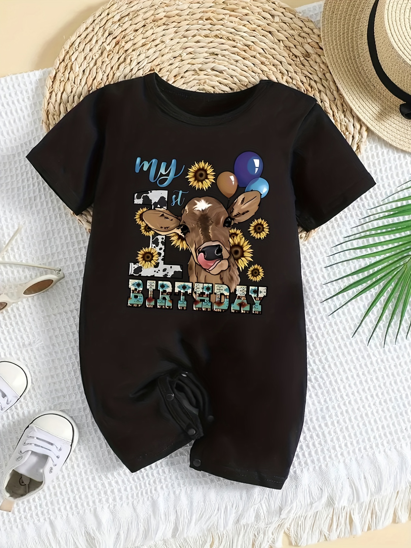 Baby Girls Boys 1st Birthday Cute Bodysuits, Short Sleeve Cotton T-shirt  Spring Summer Autumn Infant Jumpsuits Kids Party Clothes
