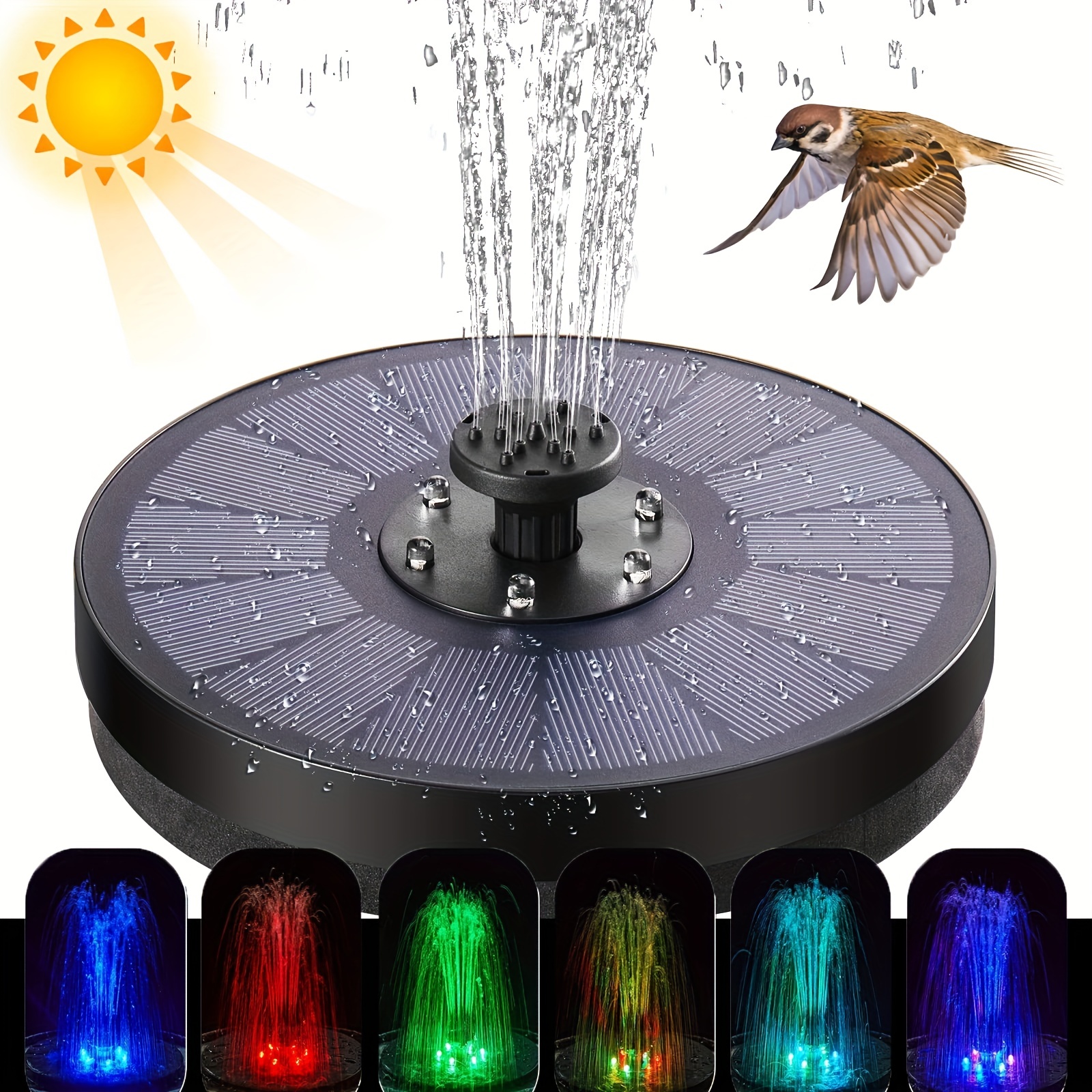 Pompe à Fontaine Solaire pour Bain d'oiseaux avec Lampes à LED, fontaines à  Oiseaux solaires 3W avec 4 Buses, Fontaine à air [361]