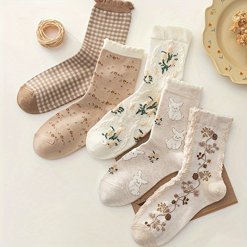 

5 Pairs Floral Pattern Socks, Retro & Comfy Mid Tube Socks, Women's Stockings & Hosiery