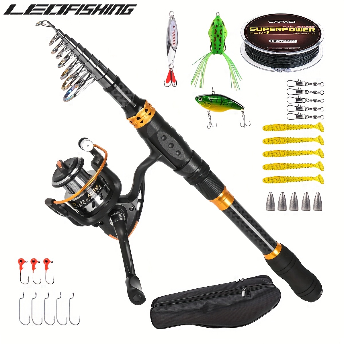 LEOFISHING Spinning Fishing Rod Reel Combos Kit, Including Carbon Fiber  Telescopic Fishing Rod, Portable Fishing Reel, Fishing Line, Hard/Soft  Bait, S