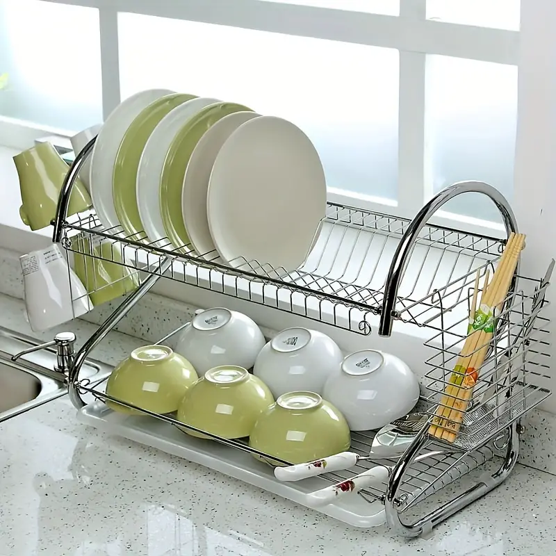 S-shaped Double-layer Dish Rack With Drainboard And Utensil Holder, Bowls  And Plates Holder Organizer, Tableware Storage Rack, Kitchen Accessories -  Temu