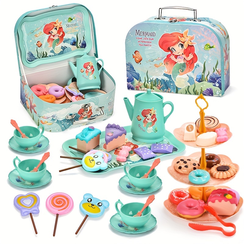 

44pcs Tea Party Set For Kitchen Pretend Play Tea Time Toys With Dessert Cookie Doughnut Teapot Princess Gifts Toys
