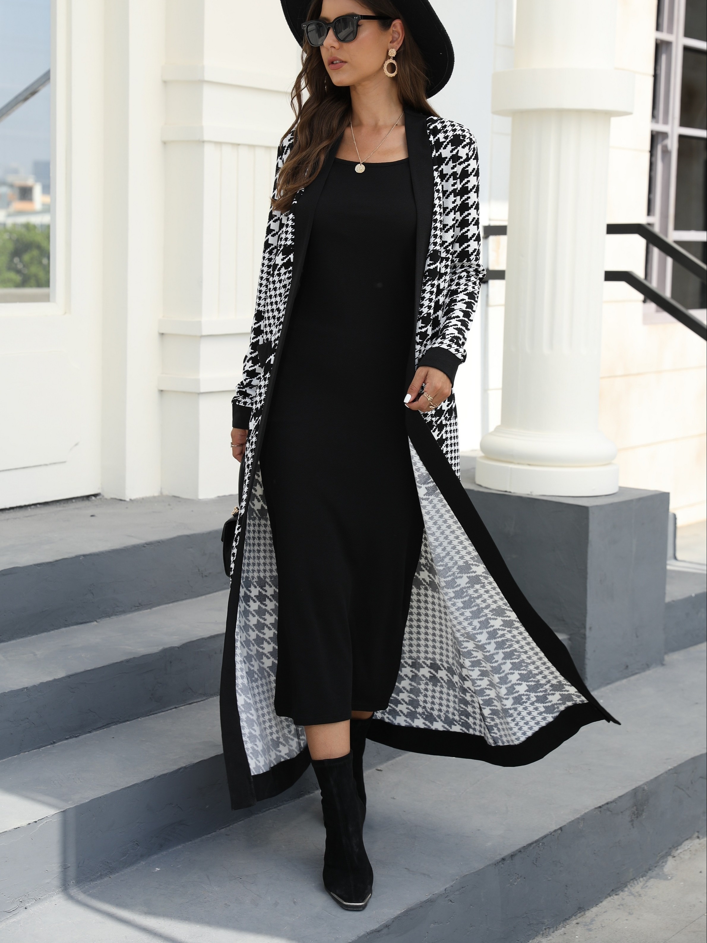 Houndstooth Soft Knit Dress And Cardigan Two Piece Set