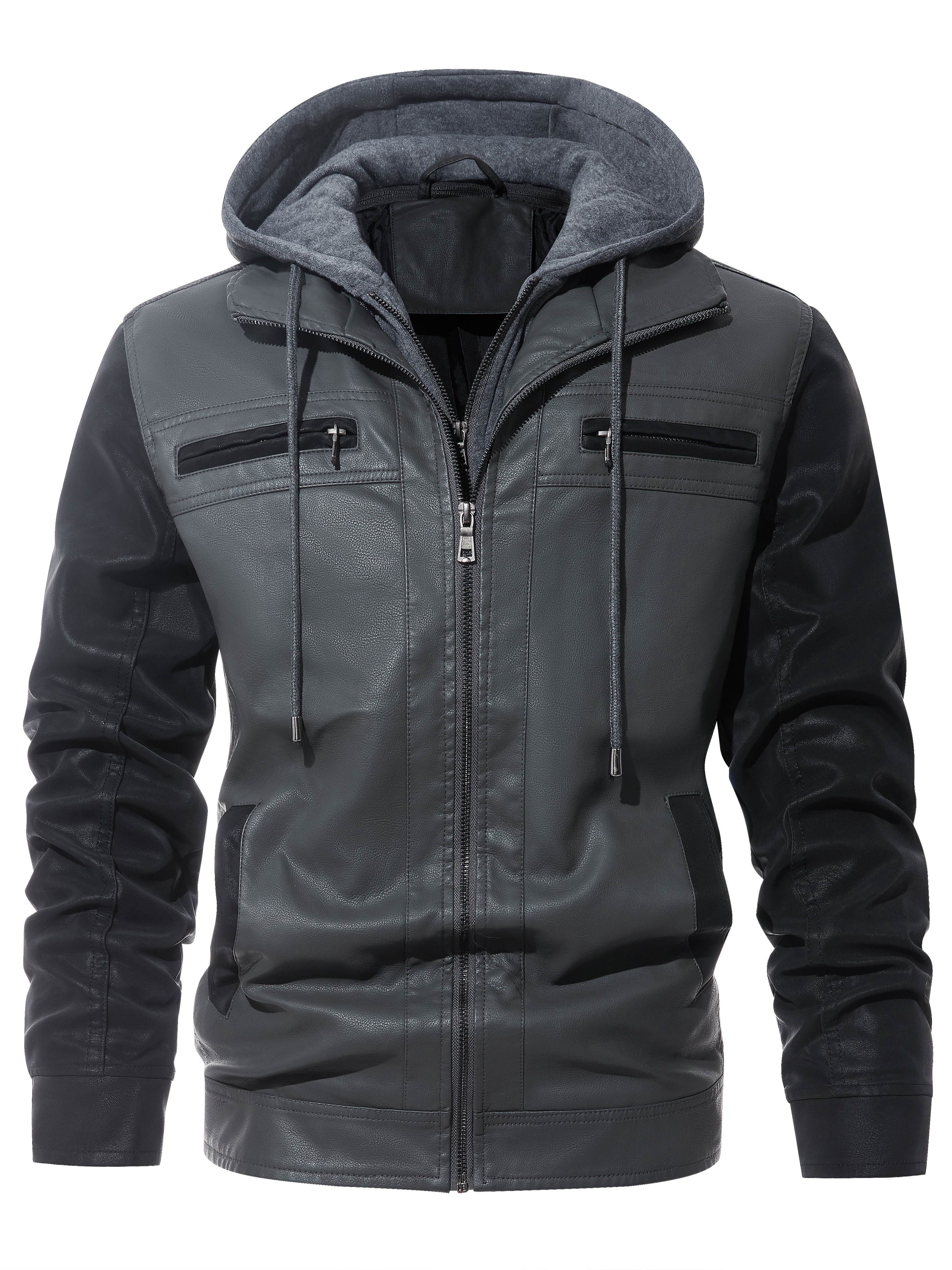 Men's Solid Color Pu Leather Hooded Jackets Windproof - Temu