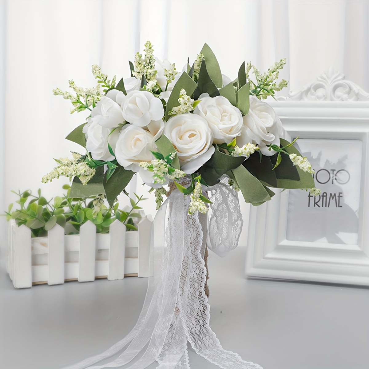 Wedding Bouquet With Lace Ribbons Artificial Rose Flower For - Temu