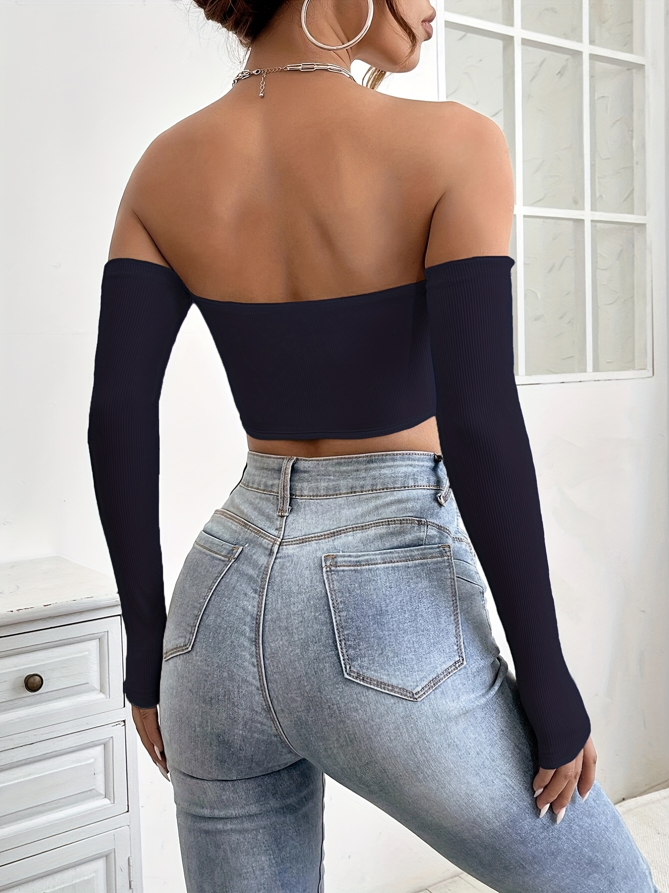 Y2k Shoulder Solid Crop Top Sexy Long Sleeve Bodycon Fit T - Temu