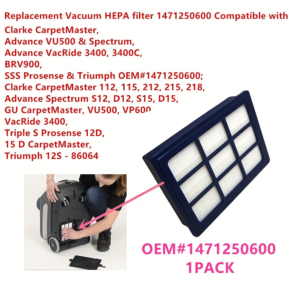 1 Paquete 1471250600 Filtro HEPA De Repuesto Para Aspiradora 1471250600  Compatible Con Clarke CarpetMaster, Nilfisk Advance VU500 Y Spectrum, SSS  Pros